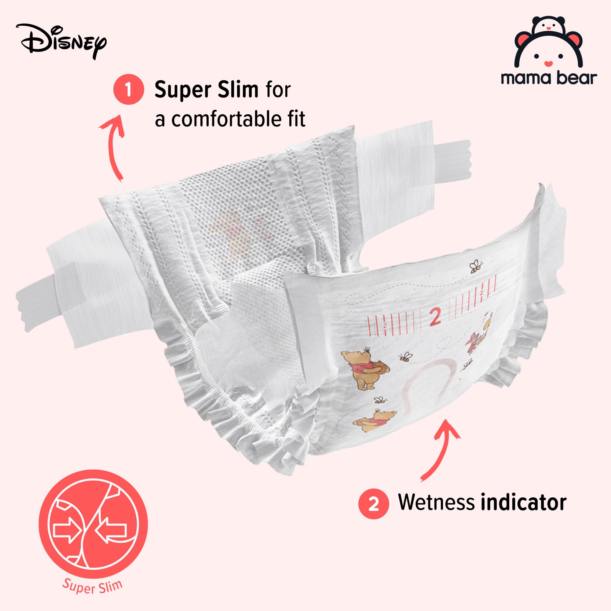 Amazon Brand - Mama Bear Disney Ultra Dry Nappies, Size 1 (2-5 kg), 96 Count, White, Monthly Pack