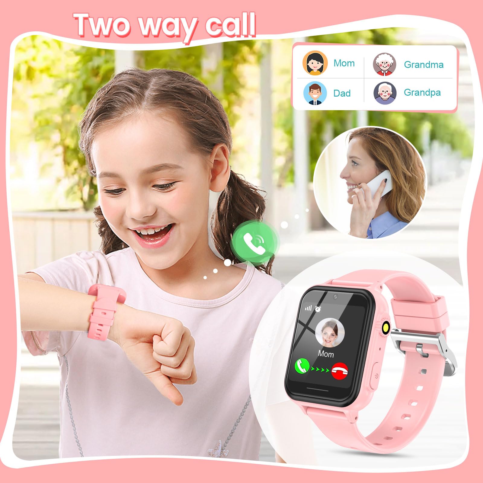 2G Smart Watch for Kids Gift for Girls Ages 4-12 - Includes Screen Protector, 30+ Games, 140 Learning Cards, HD Touch Screen, Camera, Music, Pedometer - Fun & Educational Birthday Gift Idea (Pink)