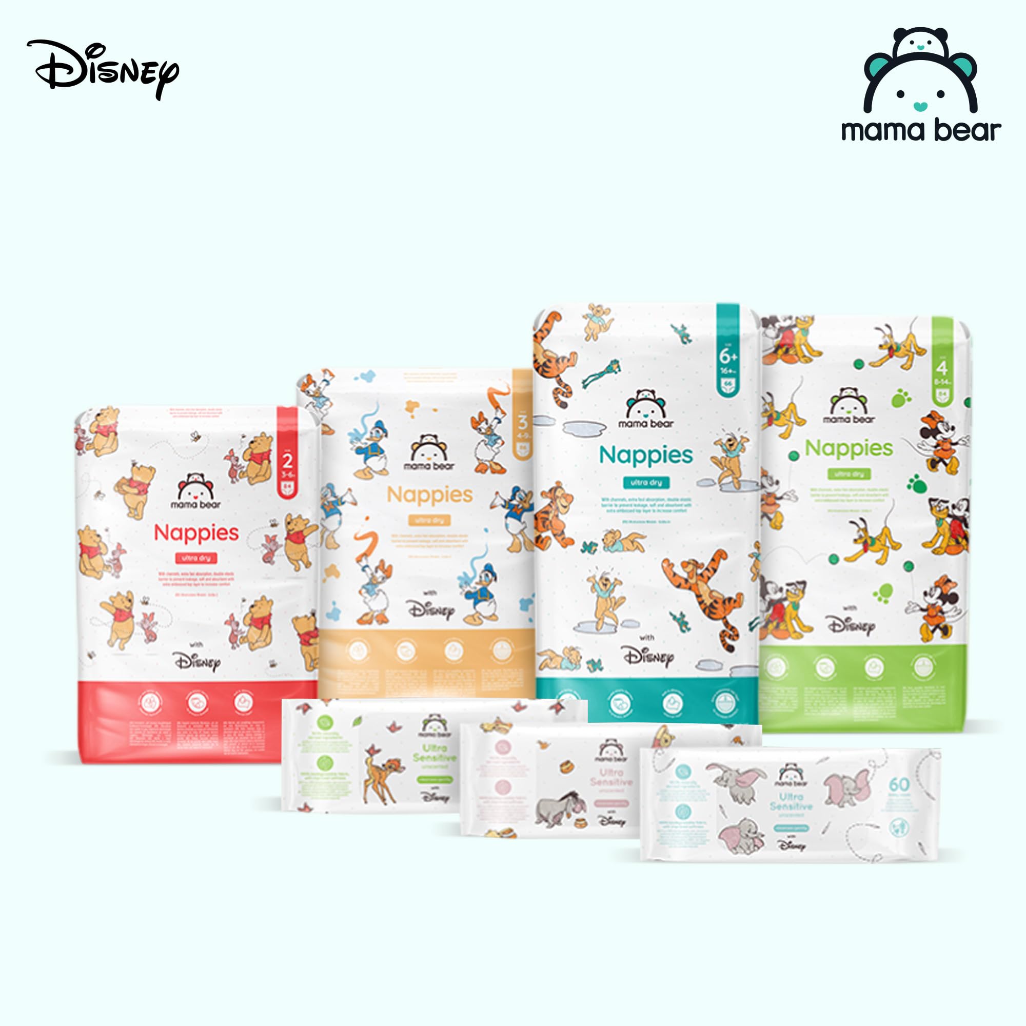 Amazon Brand - Mama Bear Disney Ultra Dry Nappies, Size 1 (2-5 kg), 96 Count, White, Monthly Pack