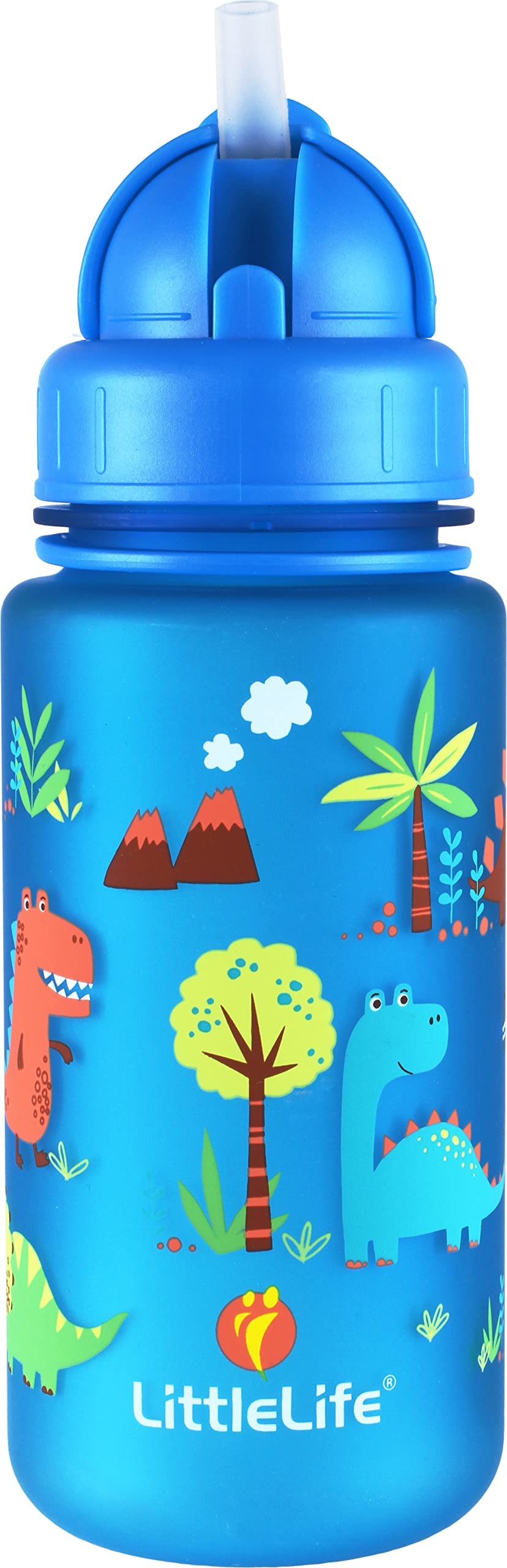 Children's Water Bottle With Easy-Access Lid & Straw, 400ml, Blue Dinosaurs