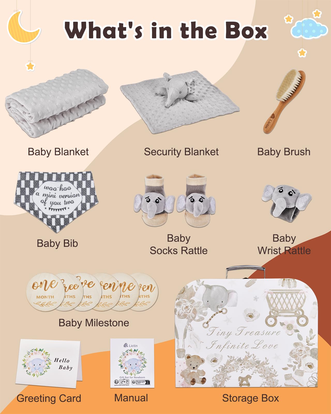 Lictin Baby Gift Set for Boys Girls, 14PCS Baby Shower Gifts, Neutral Newborn Gifts Basket with Baby Blanket, Wooden Monthly Milestone Cards, Elephant Security Blanket (Grey, 14pcs)