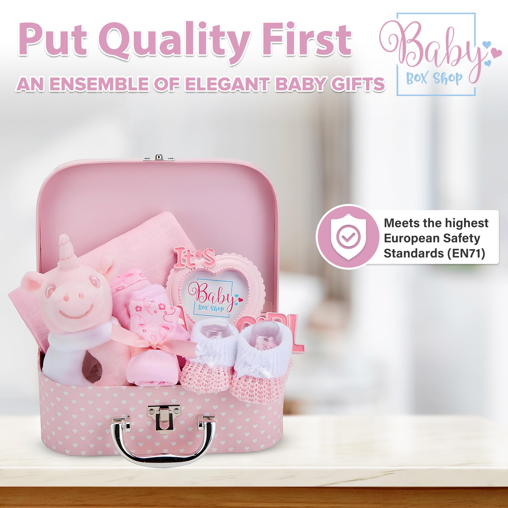 Baby Box Shop - 7 Newborn Baby Girl Gifts Ideal for Christening, Birthdays & Baby Shower Gifts - Includes Baby Essentials for Newborn Girl with Baby Rattle in Cute Keepsake Case, Baby Girl Hamper