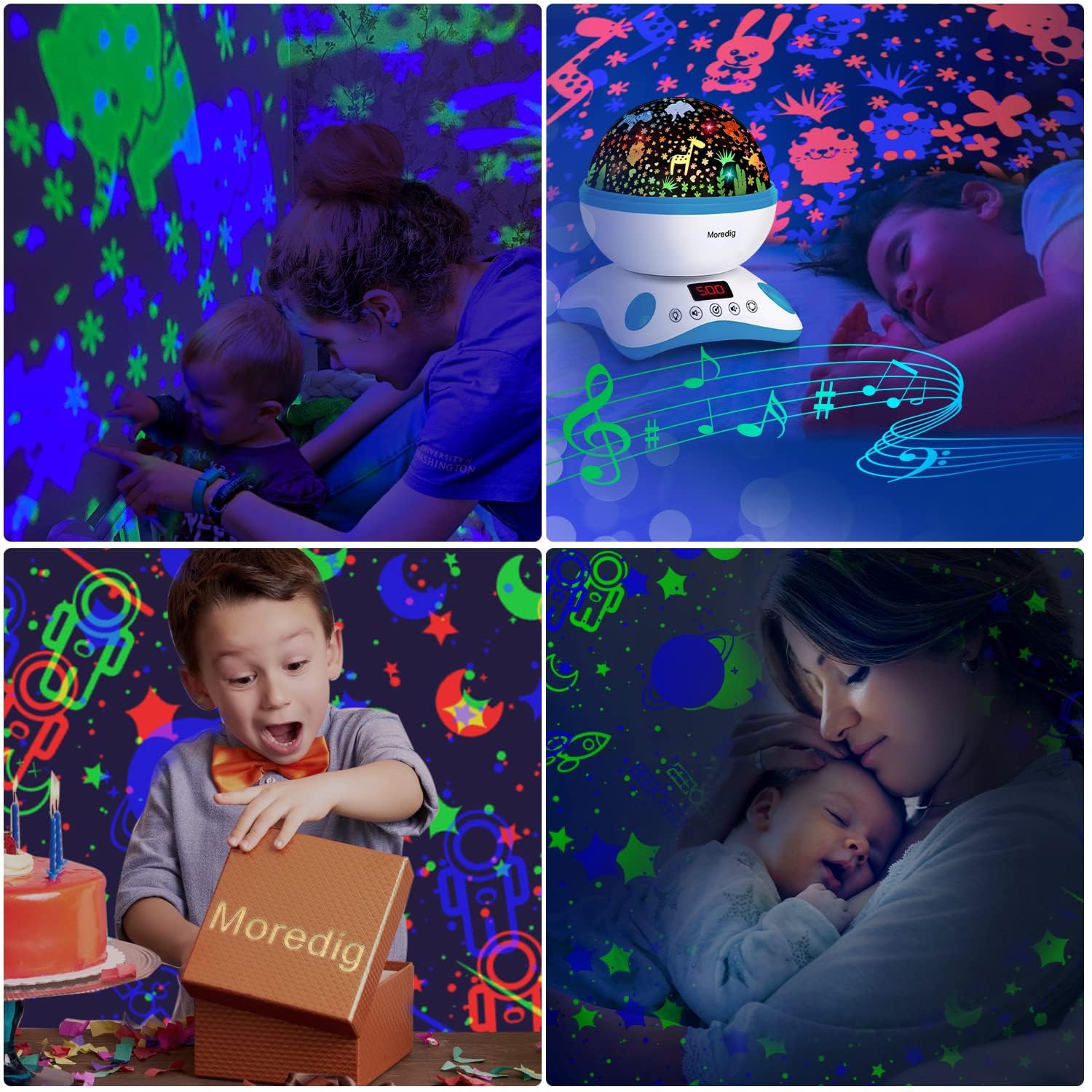 Moredig Dinosaur Night Light Projector for Kids, Remote Dinosaur Projector Light with 12 Music, 18 Lighting Modes Baby Night Light for Kids with Timer 2 Projections Gifts for Baby Boys Girls - Black