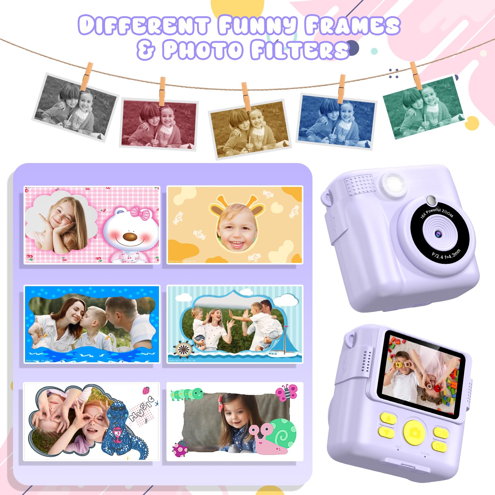 Gofunly Kids Camera Instant Print, 2.4'' Instant Camera for Kids with 32G Card & Print Photo Paper, 1080P HD Video Kids Digital Toddler Toy Camera, Christmas Birthday Gift for Girls Age 3-12 Years Old