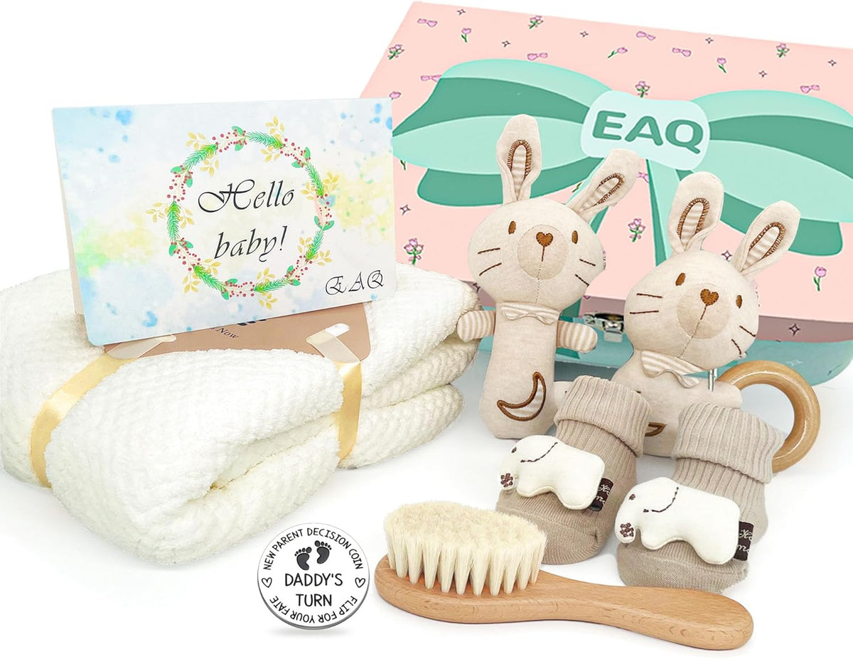 EAQ Newborn Baby Gifts,Baby Girl Hamper,New Baby Gifts with Bell Rabbit,Baby Hair Brush,Blanket Bath Towel,Baby Unisex Socks in Cute Keepsake Case