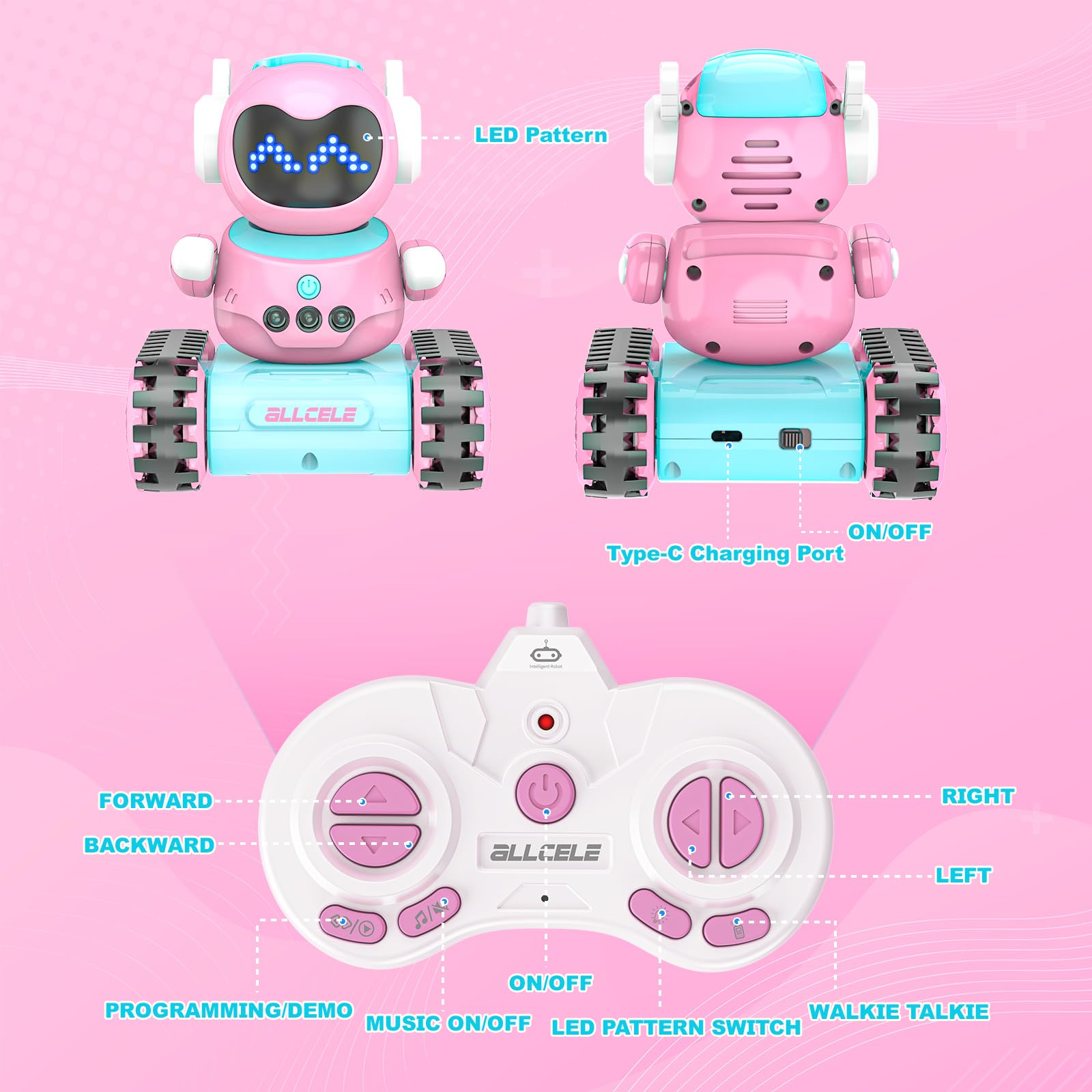 ALLCELE Robot Toys, Rechargeable Kids RC Robots for Girls & Boys, Remote Control Toy with LED Eyes & Music, for Children Age 3+ Years Old - Pink