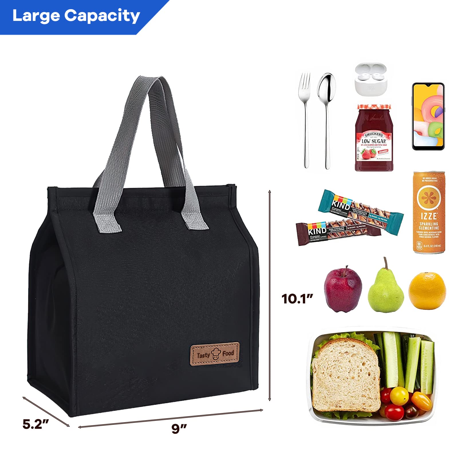 Yikki Lunch Bags for Women Men, Reusable Insulated Leakproof Lunch Box Tote Bag, Cool Bags for Kids Girls Boys Adults, Thermal Cooler Bag for Work School Picnic Travel (Black)