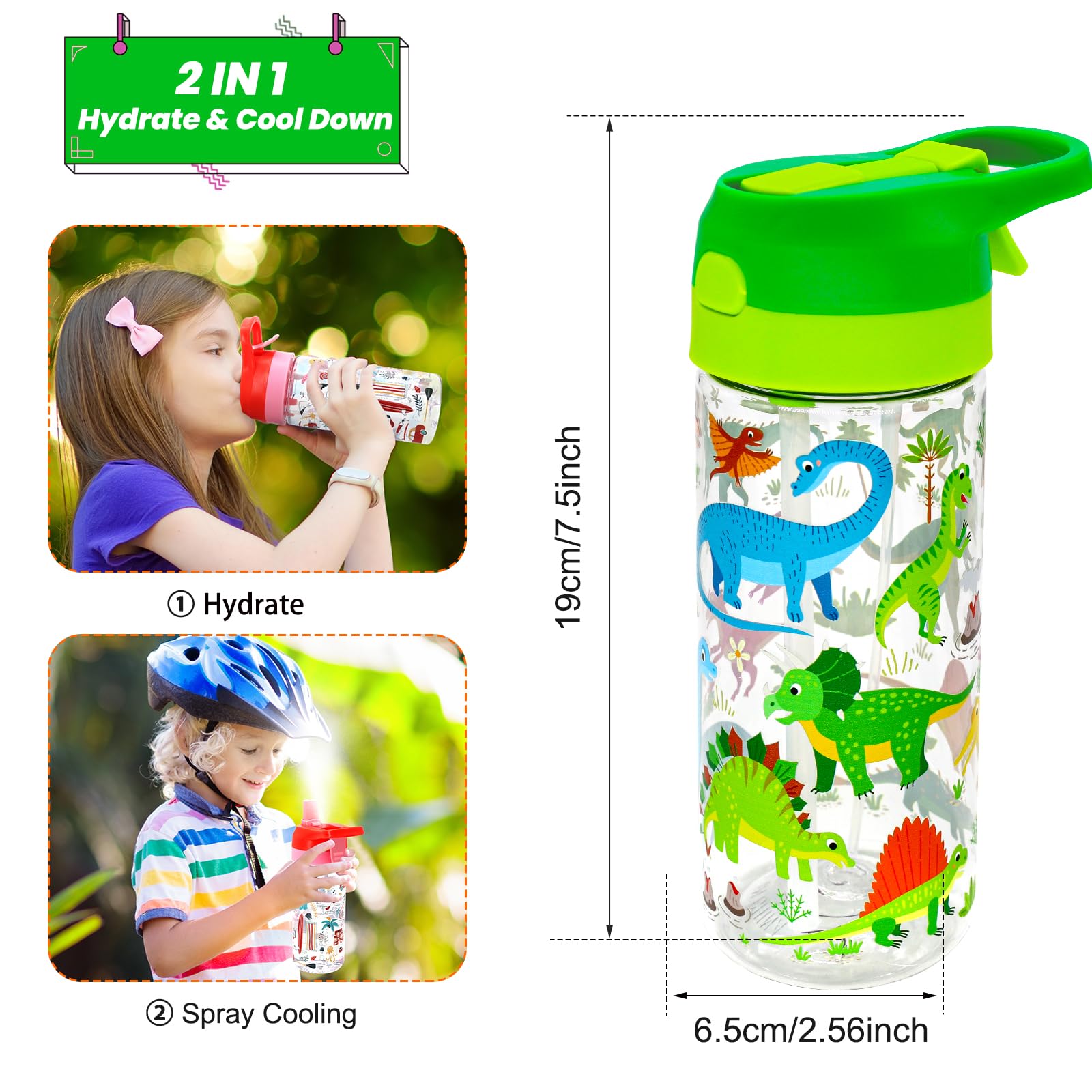 Newthinking Kids Water Bottle with Spray Mist, 420ml Portable Kids Spray Drinking Bottle for Boys Girls School Cool Down and Hydrate