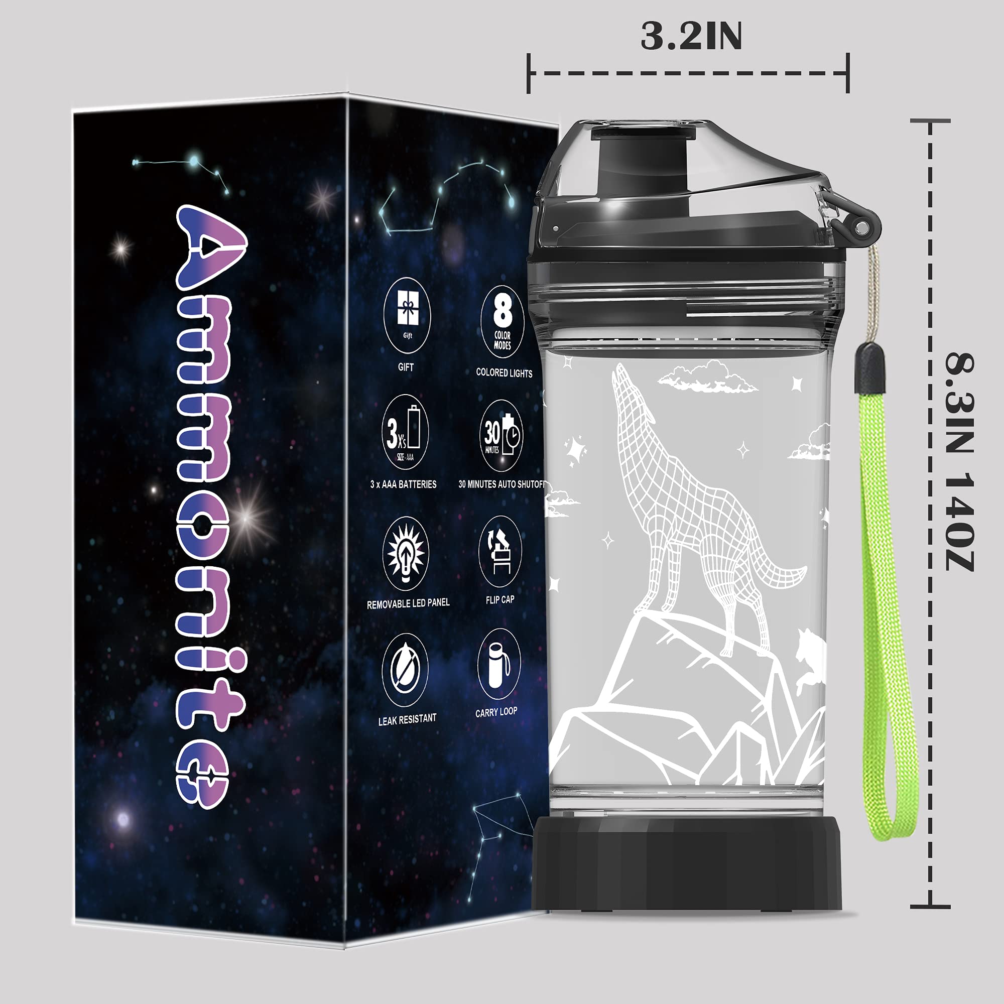 Ammonite Penguin Water Bottle, with 3D Glowing LED Light - 14 OZ Tritan BPA Free - Creative Ideal Travel Cup Gift for School Kid Boy Child Holiday Camping Picnic