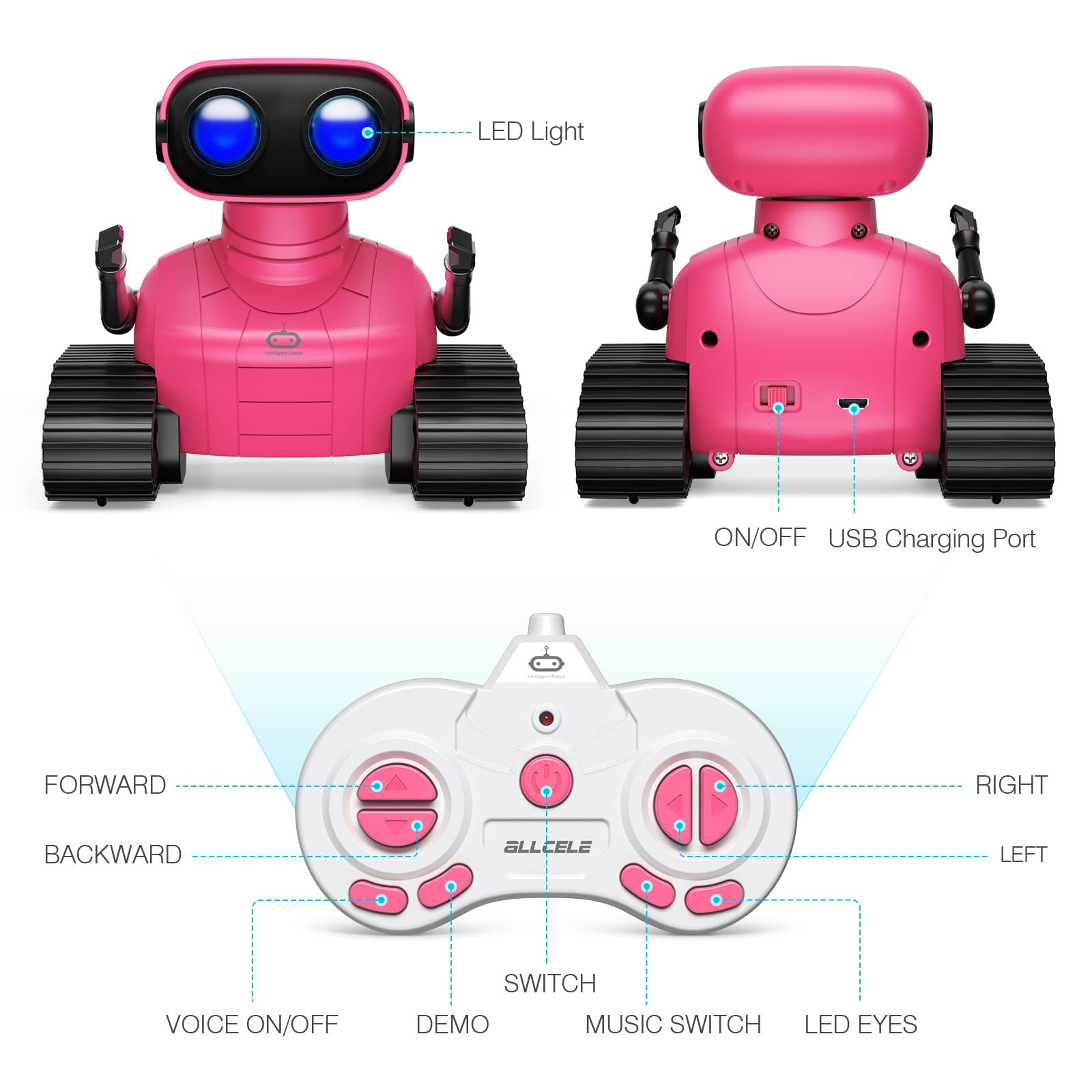 ALLCELE Robot Toys, Rechargeable Kids RC Robots for Girls & Boys, Remote Control Toy with LED Eyes & Music, for Children Age 3+ Years Old - Pink