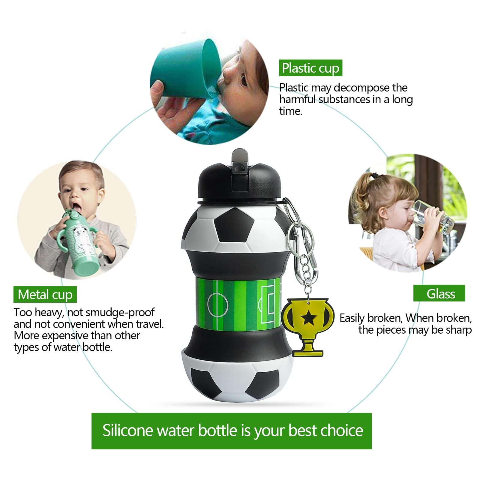 Louis Donné Collapsible Soccer Water Bottle, Silicone Football Water Bottle, 550ml/19oz Kids Water Bottle with Keyring, BPA-Free Drink Sports Water Bottle for School, Boys and Girls