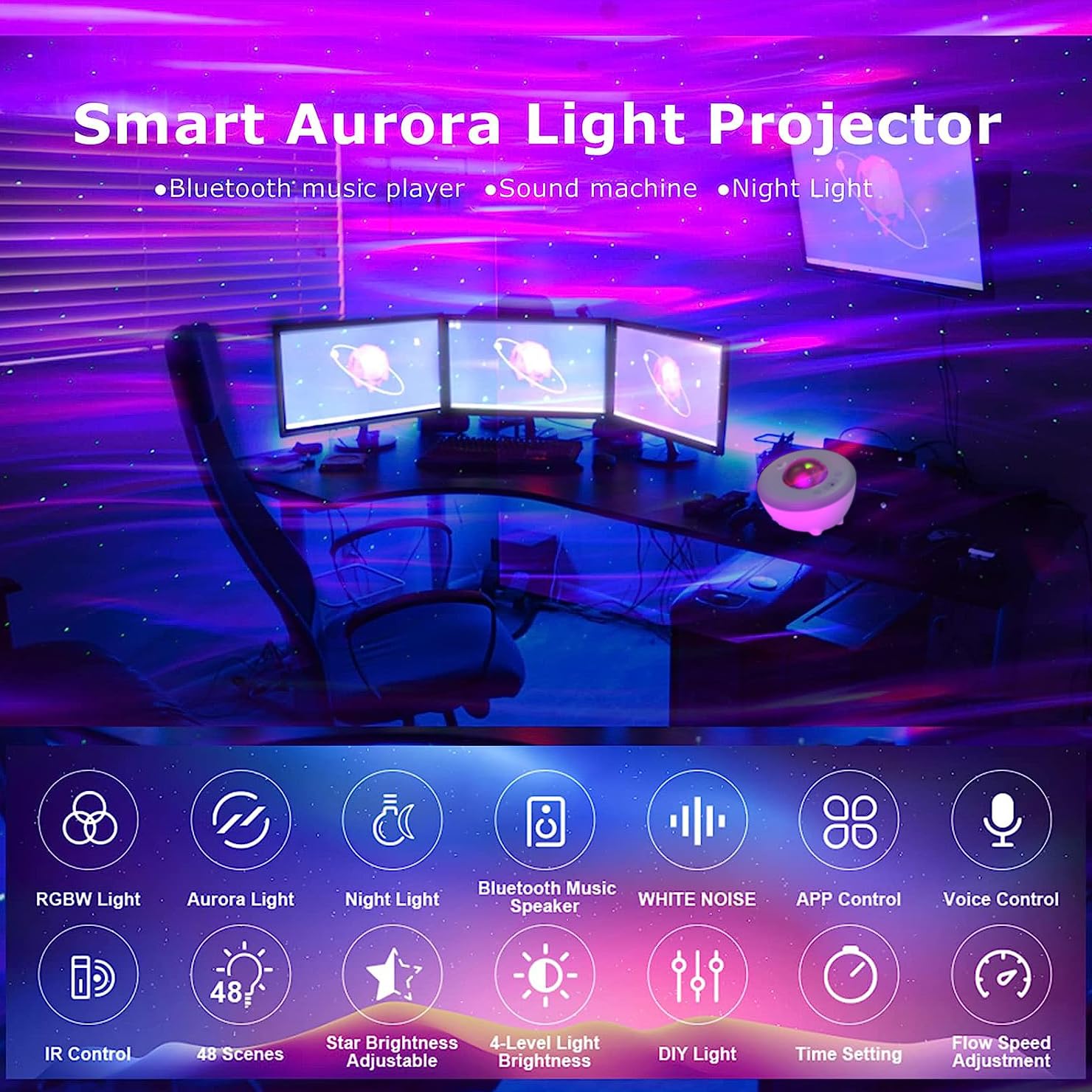 YunLone Galaxy Projector Star Lights Projector for Bedroom with 33 Lighting, Aurora Projector with Bluetooth 5.0 Speaker, Smart APP, 8 White Noises Night Light with IR Remote, Timer for Kids Adults