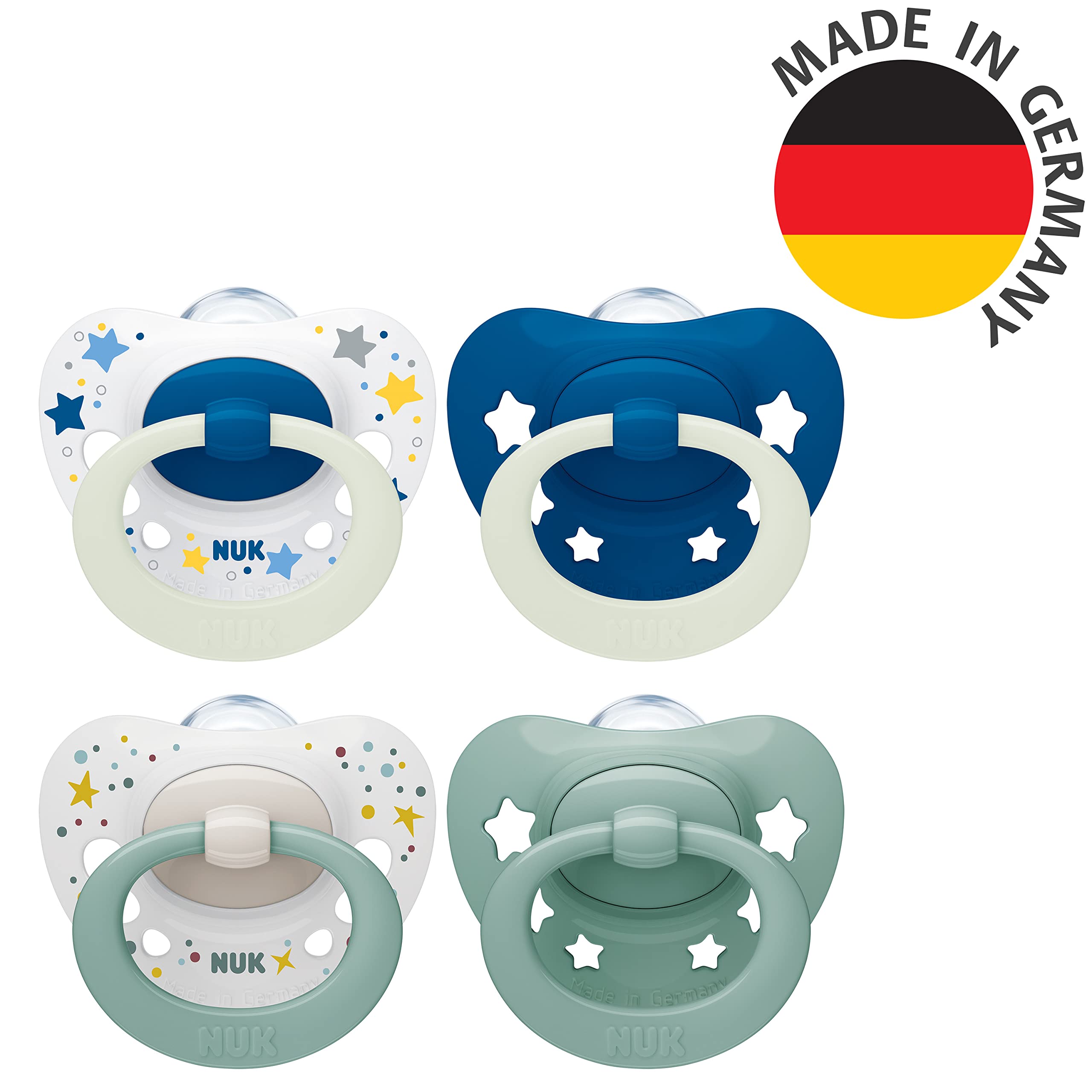 NUK Signature Day & Night Baby Dummy 6-18 months Soothes 95% of Babies Heart-Shaped BPA-Free Silicone Soothers Glow-in-the-Dark Stars 4 Count