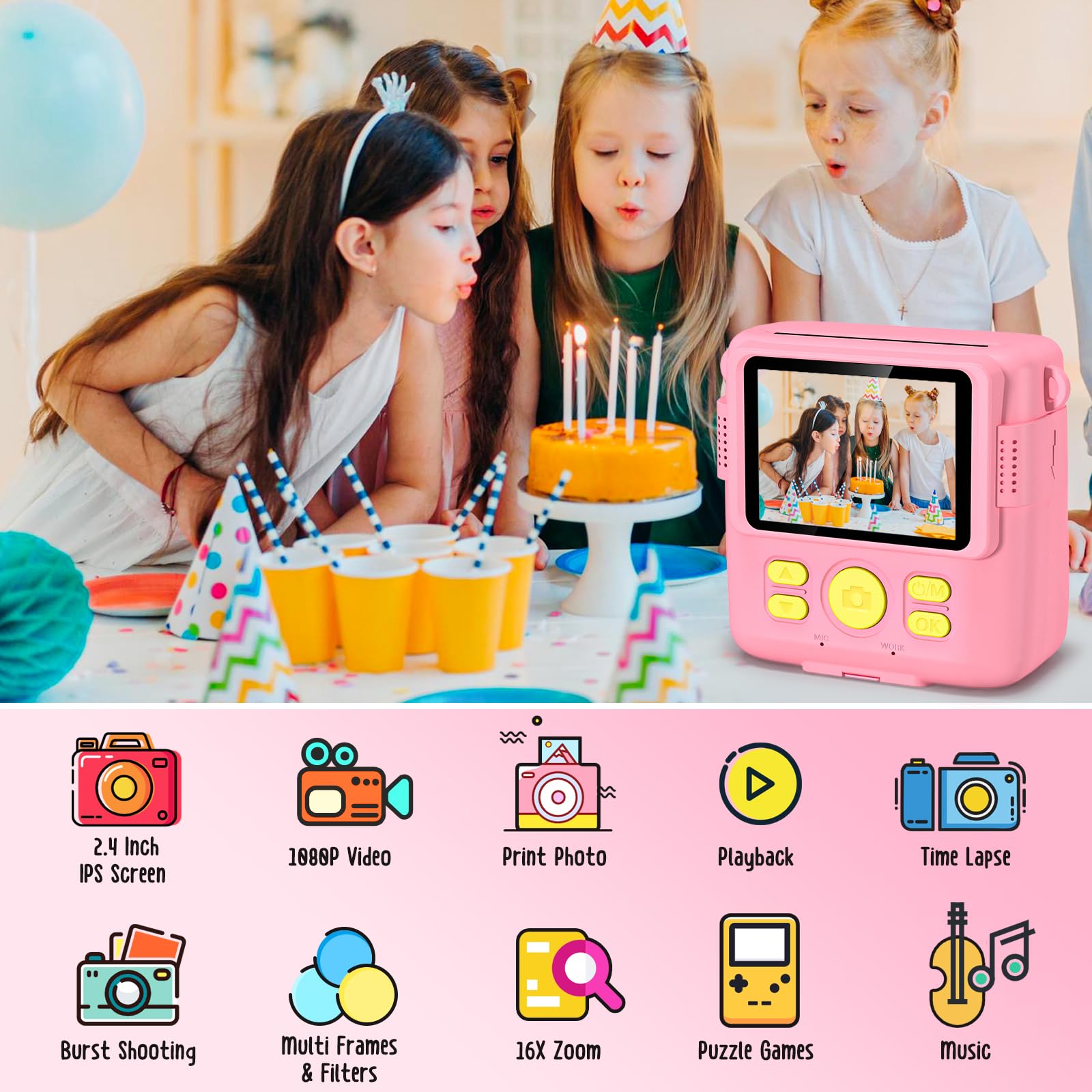 Gofunly Kids Camera Instant Print, 2.4'' Instant Camera for Kids with 32G Card & Print Photo Paper, 1080P HD Video Kids Digital Toddler Toy Camera, Christmas Birthday Gift for Girls Age 3-12 Years Old