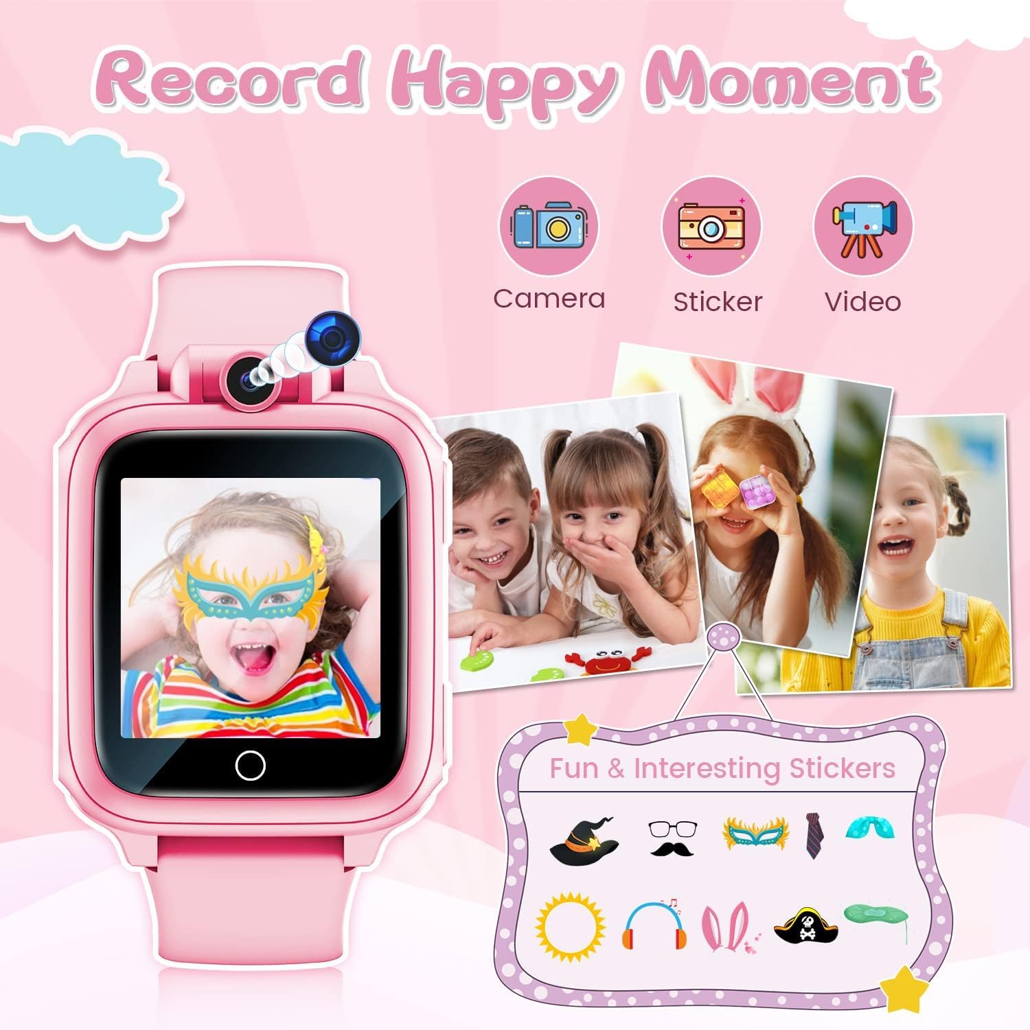 Awatty Kids Smart Watch for Boys Girls, Birthday Gift for 5-12 Year Olds Children, Electronic Learning Toys with 14 Puzzle Games, Pink Digital Watch with 90° Rotating Camera and MP3 Music Player