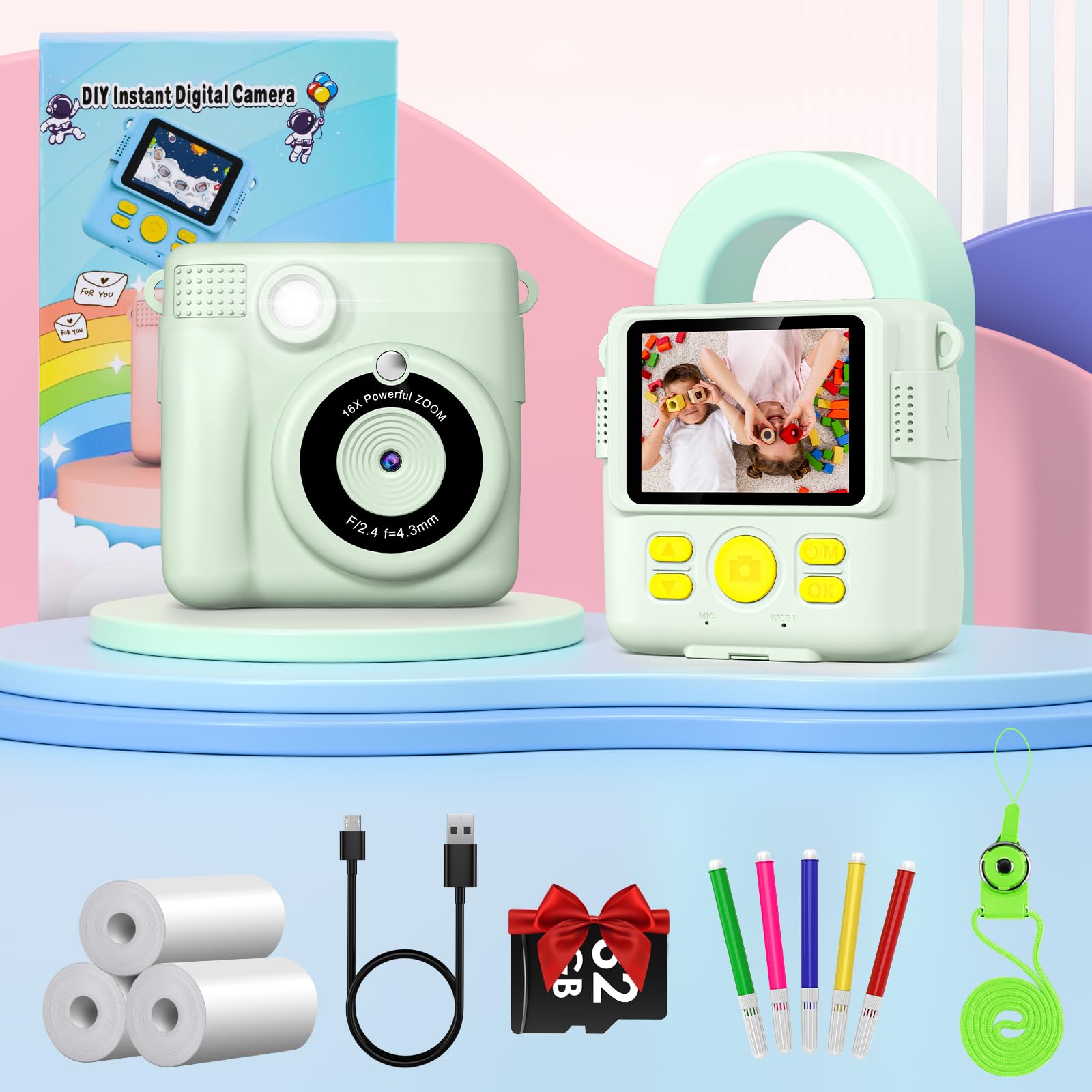 Gofunly Kids Camera Instant Print, 2.4'' Instant Camera for Kids with 32G Card & Print Photo Paper, 1080P HD Video Kids Digital Toddler Toy Camera, Christmas Birthday Gift for Girls Age 3-12 Years Old