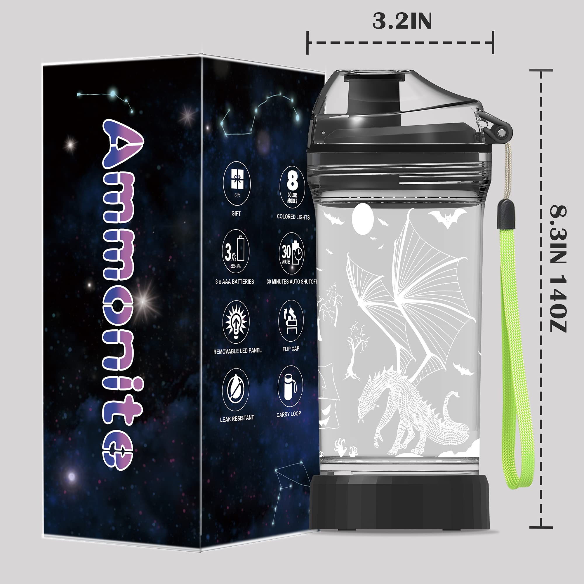 Ammonite Penguin Water Bottle, with 3D Glowing LED Light - 14 OZ Tritan BPA Free - Creative Ideal Travel Cup Gift for School Kid Boy Child Holiday Camping Picnic