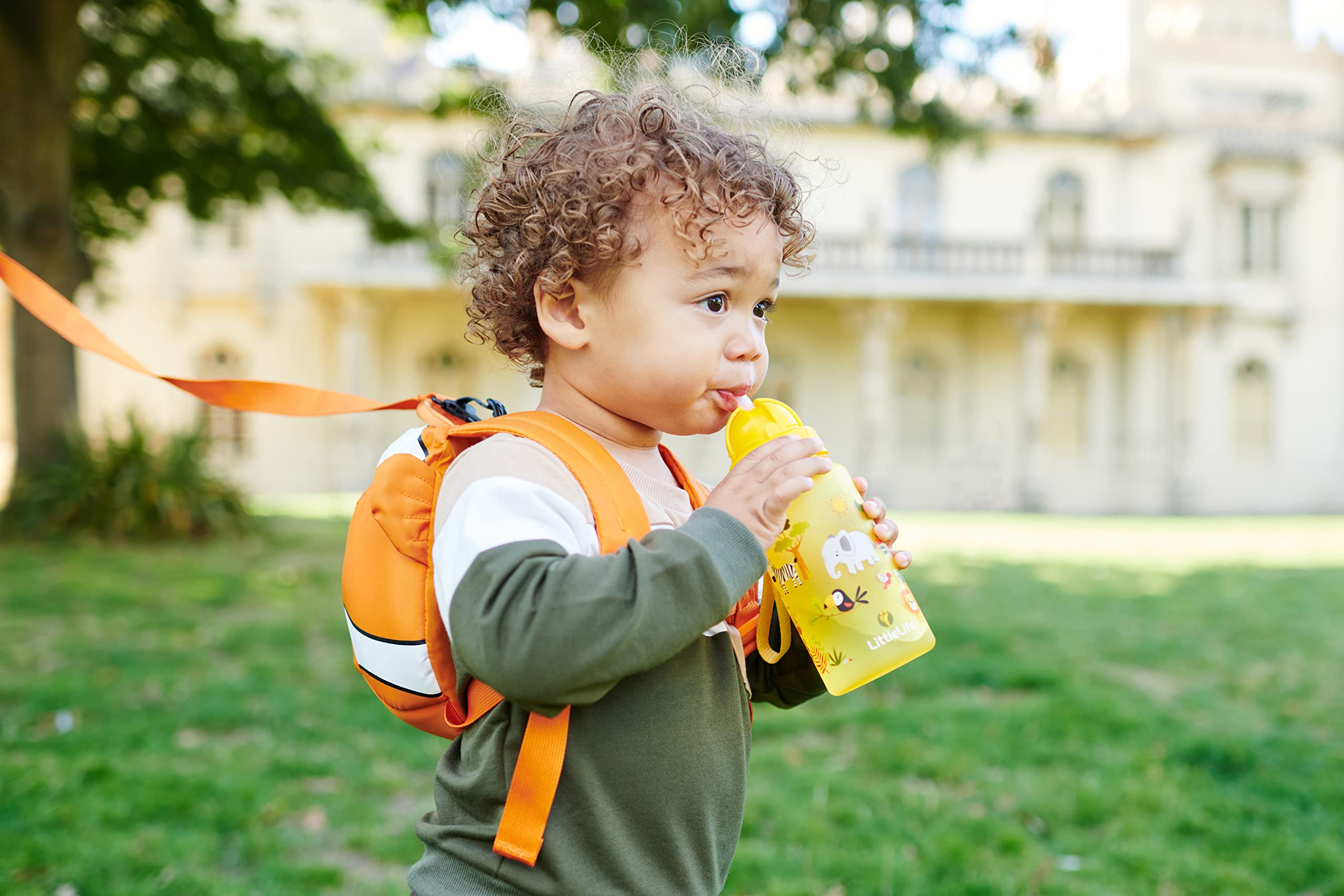 Children's Water Bottle With Easy-Access Lid & Straw, 400ml, Blue Dinosaurs