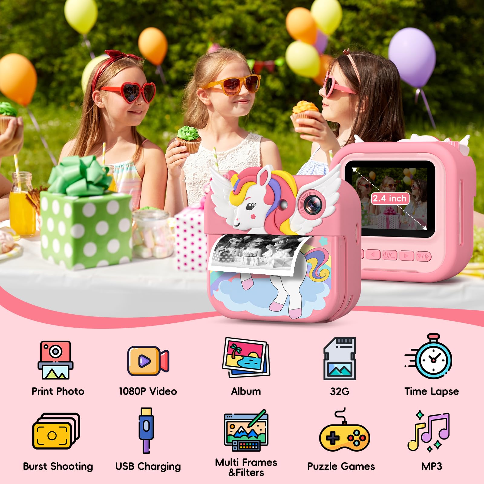 Gofunly Kids Camera Instant Print, 2.4'' Instant Camera for Kids with 32G Card & Print Photo Paper, 1080P HD Video Kids Digital Toddler Toy Camera, Christmas Birthday Gift for Girls Age 3-12 Years Old