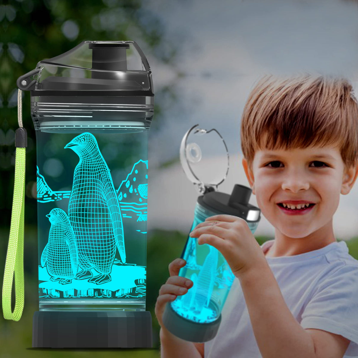 Ammonite Penguin Water Bottle, with 3D Glowing LED Light - 14 OZ Tritan BPA Free - Creative Ideal Travel Cup Gift for School Kid Boy Child Holiday Camping Picnic