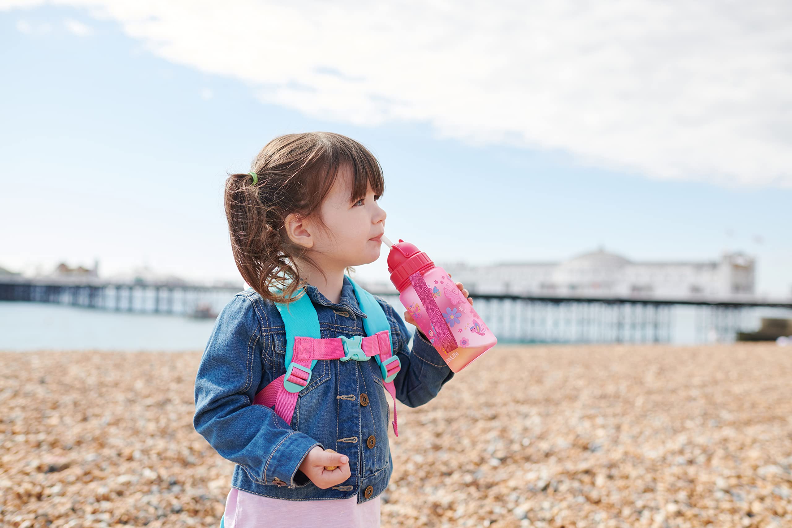 Children's Water Bottle With Easy-Access Lid & Straw, 400ml, Blue Dinosaurs