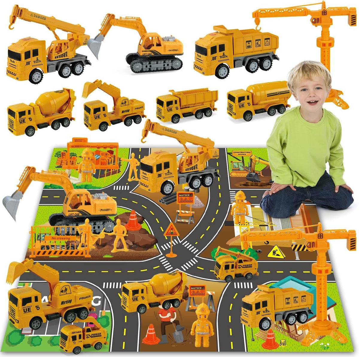 Jiakora Construction Vehicle Toy Truck w/Play Mat Road Signs, Dump Trucks, Excavator, Cement Mixer Trucks, Crane, Engineering Vehicles Toys Set for 3 4 5 6 Years Old Toddlers Kids Boys & Girls