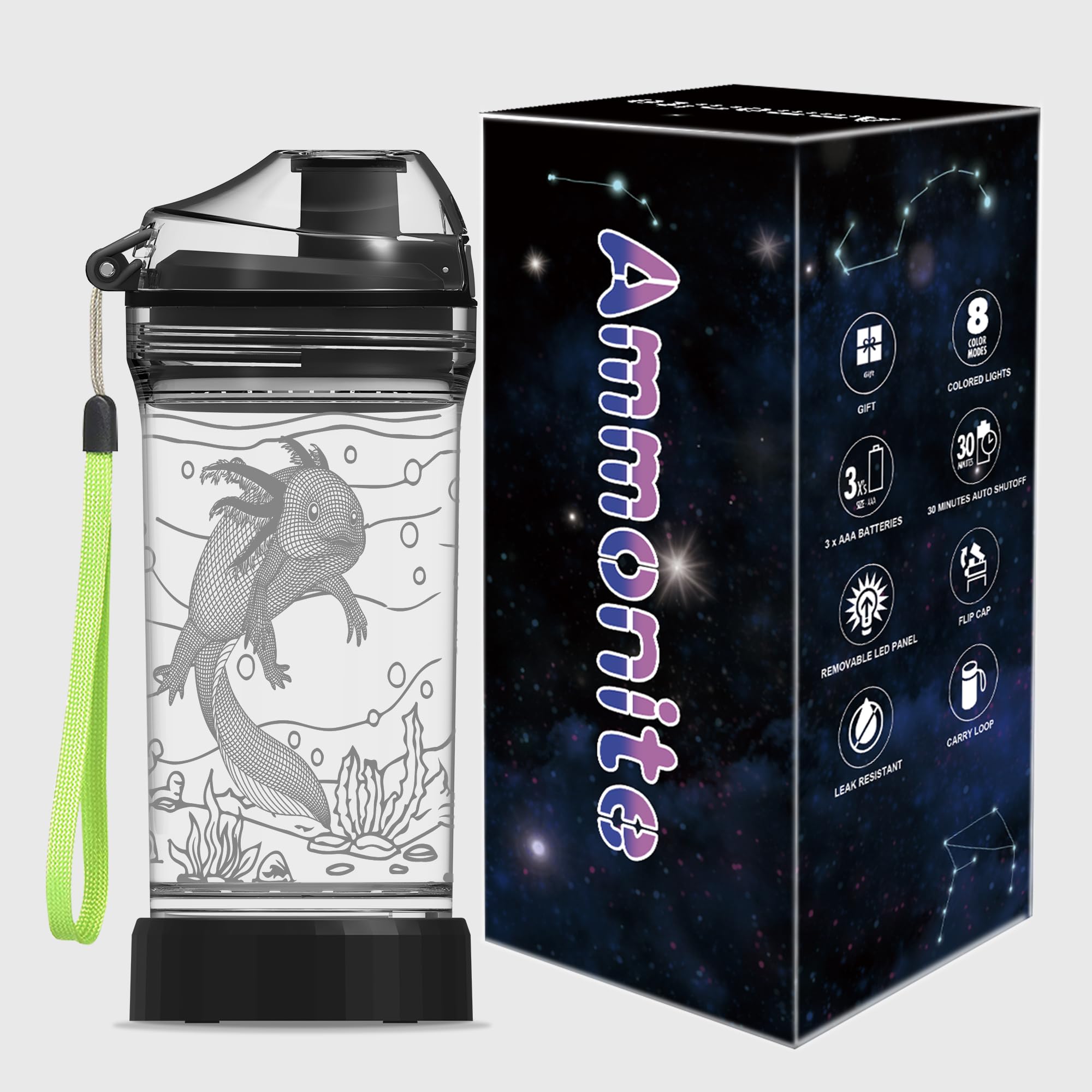 Ammonite Penguin Water Bottle, with 3D Glowing LED Light - 14 OZ Tritan BPA Free - Creative Ideal Travel Cup Gift for School Kid Boy Child Holiday Camping Picnic