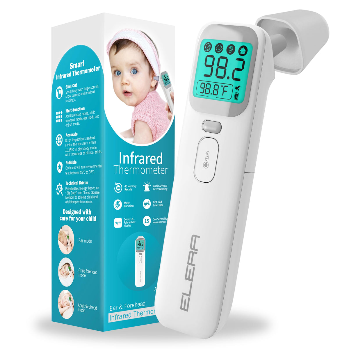 Elera Ear Thermometer for Kids, Baby Thermometer with Forehead and Ear Mode for Adults, Infant, Kids and Toddler, Touchless and 1 Second Reading with Fever Alarm and Mute Function