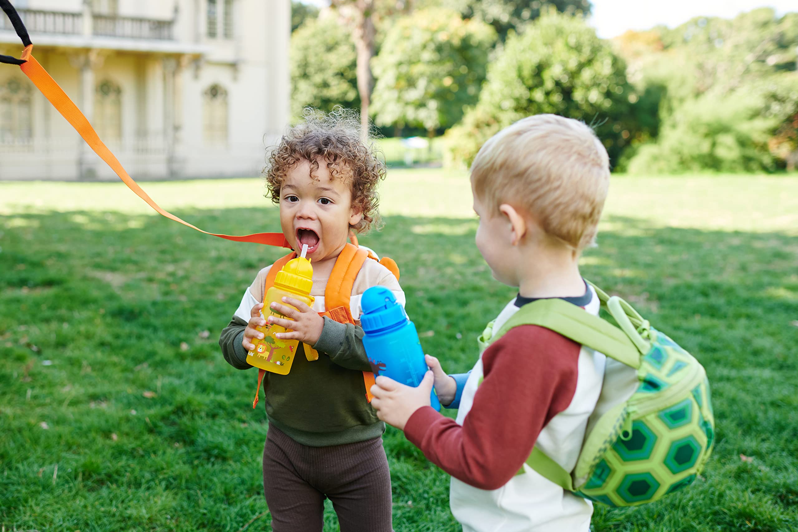 Children's Water Bottle With Easy-Access Lid & Straw, 400ml, Blue Dinosaurs