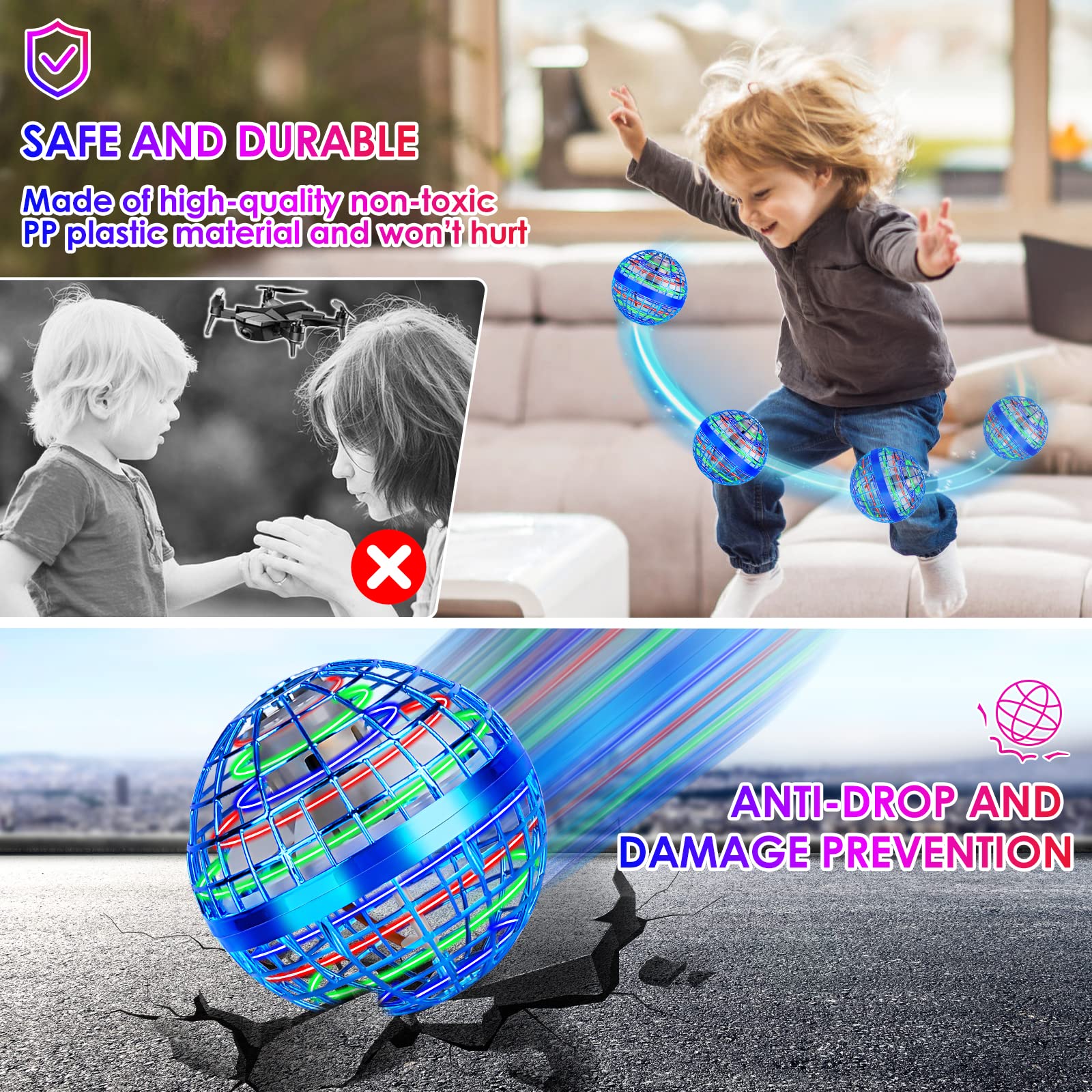 semai Flying Orb Ball Toys, Hover Boomerang Ball for Kids Adult, Flying Spinner Mini Drone With 360° Rotating RGB Light, UFO Smart Sensor Fly Orbi Ball Toy Gifts for Boys Girls - Blue