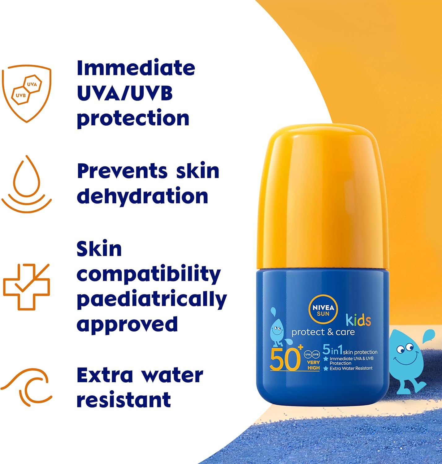 NIVEA Sun Kids Protect & Care SPF 50+ Roll On (50ml), Sunscreen with SPF 50, Roll-On Kids Sun Cream for Delicate Skin, Immediately Protects Against Sun Exposure