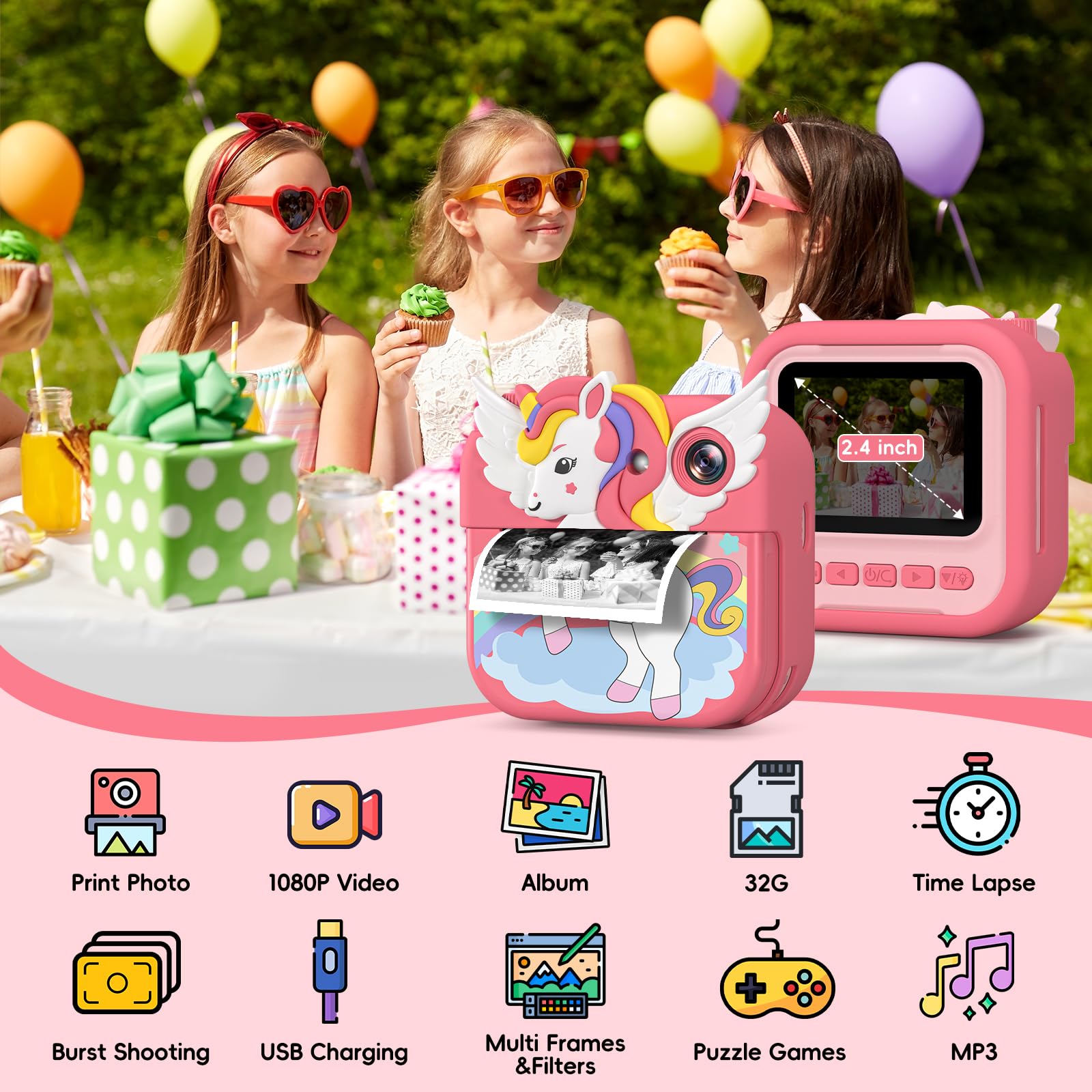 Gofunly Kids Camera Instant Print, 2.4'' Instant Camera for Kids with 32G Card & Print Photo Paper, 1080P HD Video Kids Digital Toddler Toy Camera, Christmas Birthday Gift for Girls Age 3-12 Years Old