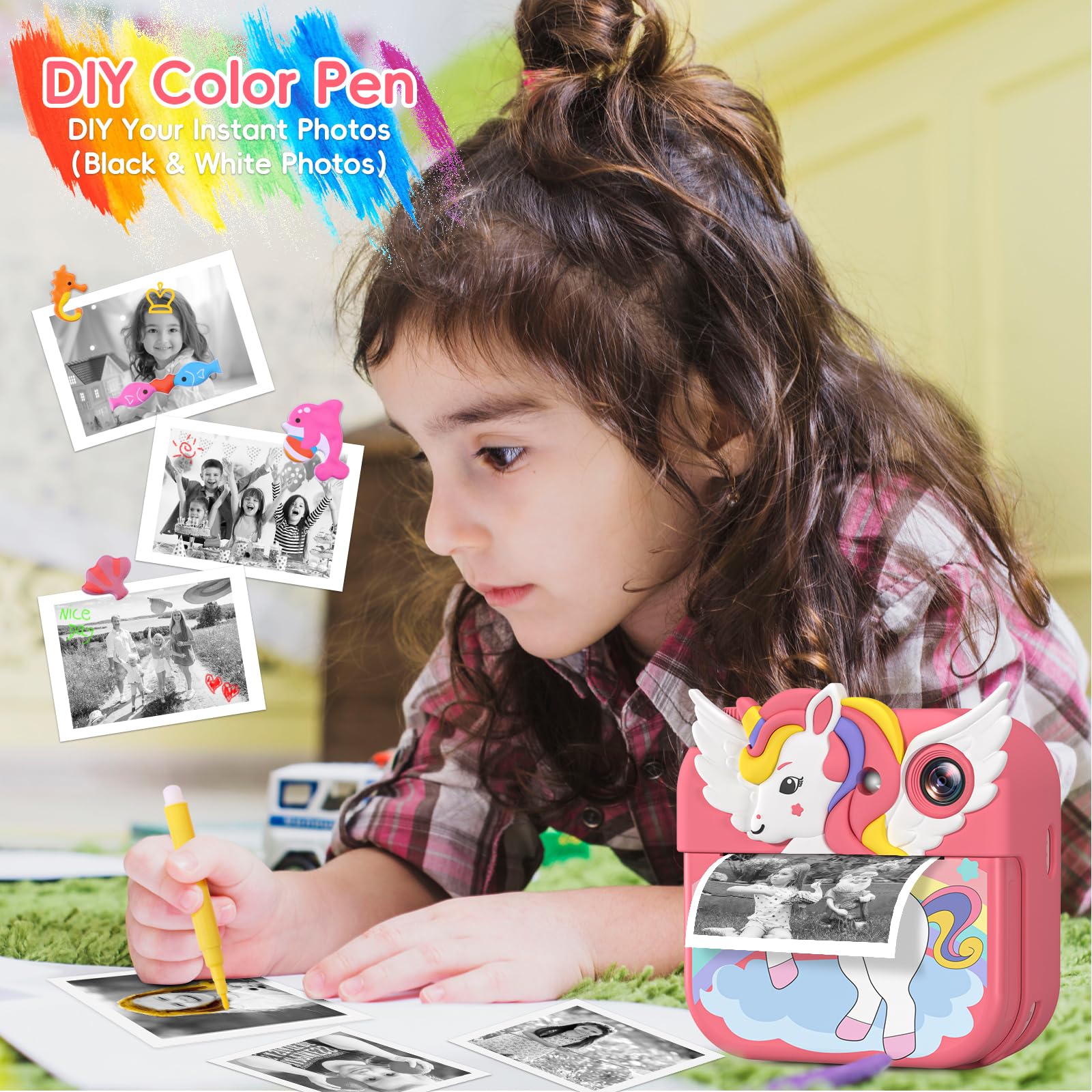 Gofunly Kids Camera Instant Print, 2.4'' Instant Camera for Kids with 32G Card & Print Photo Paper, 1080P HD Video Kids Digital Toddler Toy Camera, Christmas Birthday Gift for Girls Age 3-12 Years Old