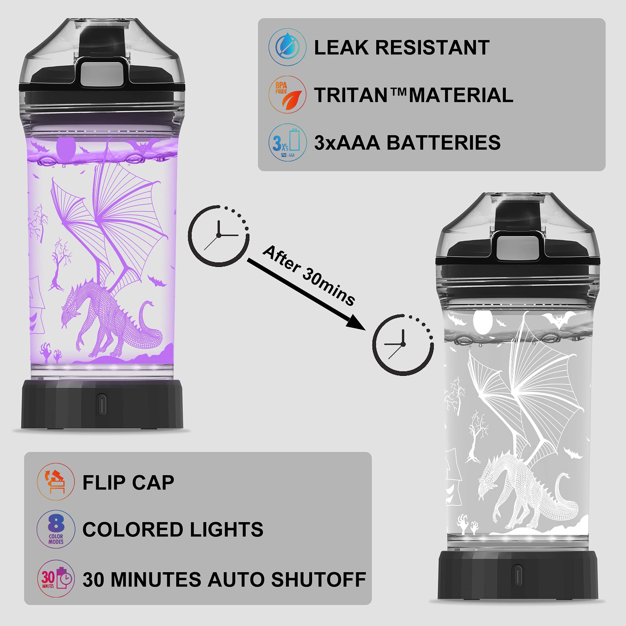 Ammonite Penguin Water Bottle, with 3D Glowing LED Light - 14 OZ Tritan BPA Free - Creative Ideal Travel Cup Gift for School Kid Boy Child Holiday Camping Picnic