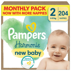 Pampers Harmonie Nappies Size 2, 204 Nappies, 4kg-8kg, Gentle Skin Protection Cushiony Soft