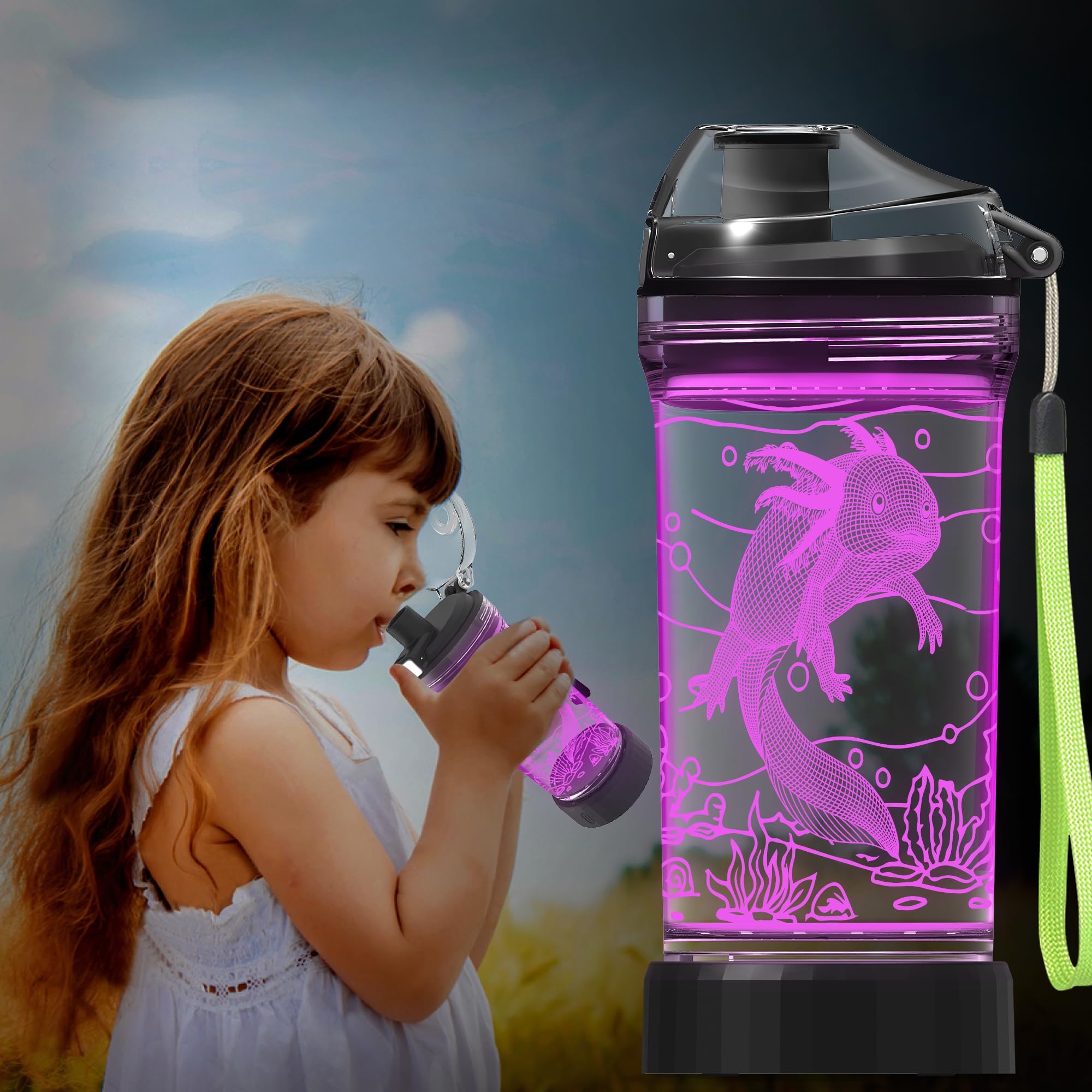 Ammonite Penguin Water Bottle, with 3D Glowing LED Light - 14 OZ Tritan BPA Free - Creative Ideal Travel Cup Gift for School Kid Boy Child Holiday Camping Picnic