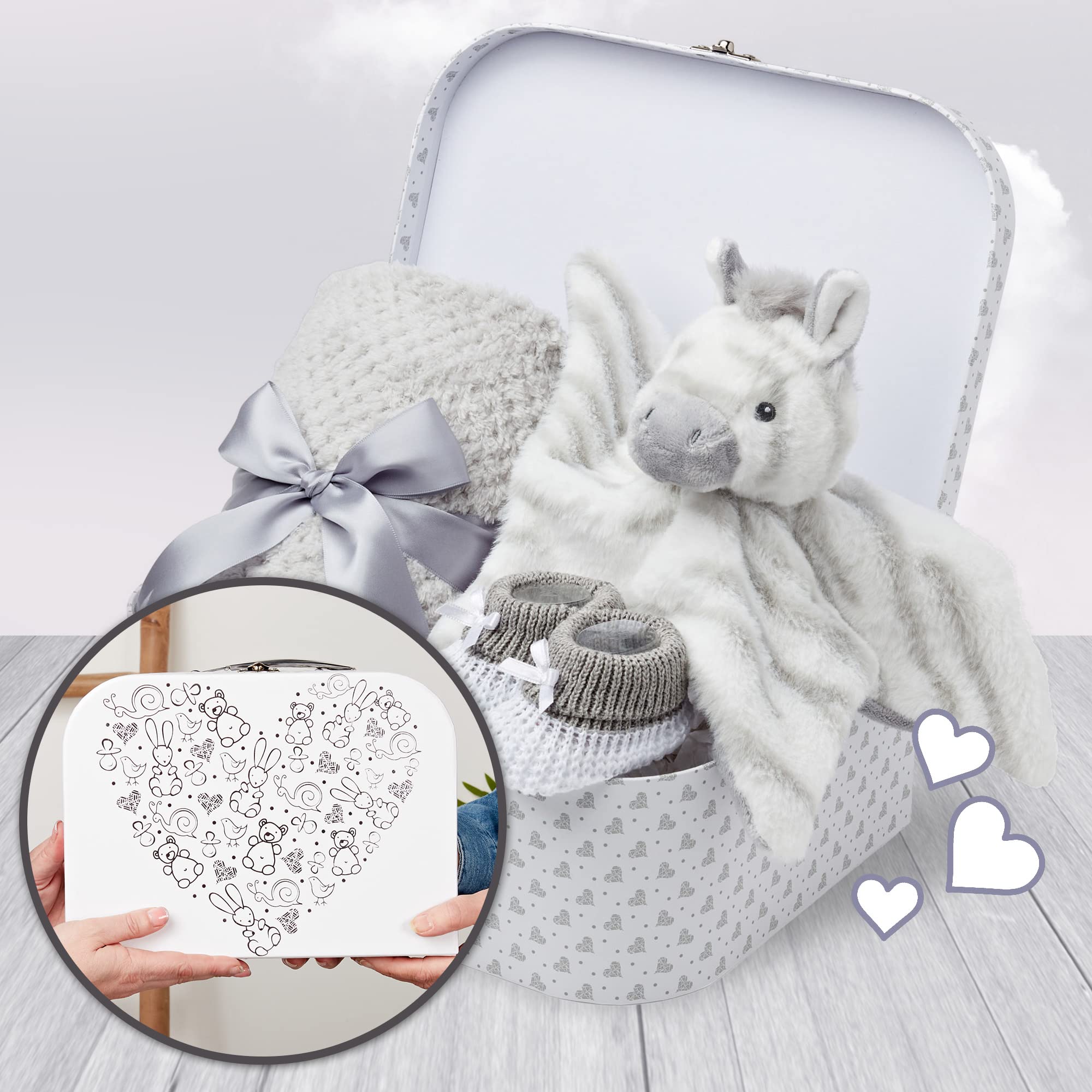 Baby Box Shop New Baby Gifts Set - 3 Baby Essentials and a Newborn Hamper Create a Premium Newborn Gift Set, New Baby Hamper Basket Girl, New Born Baby Gift - Baby Shower Hamper for Newborn - Zebra