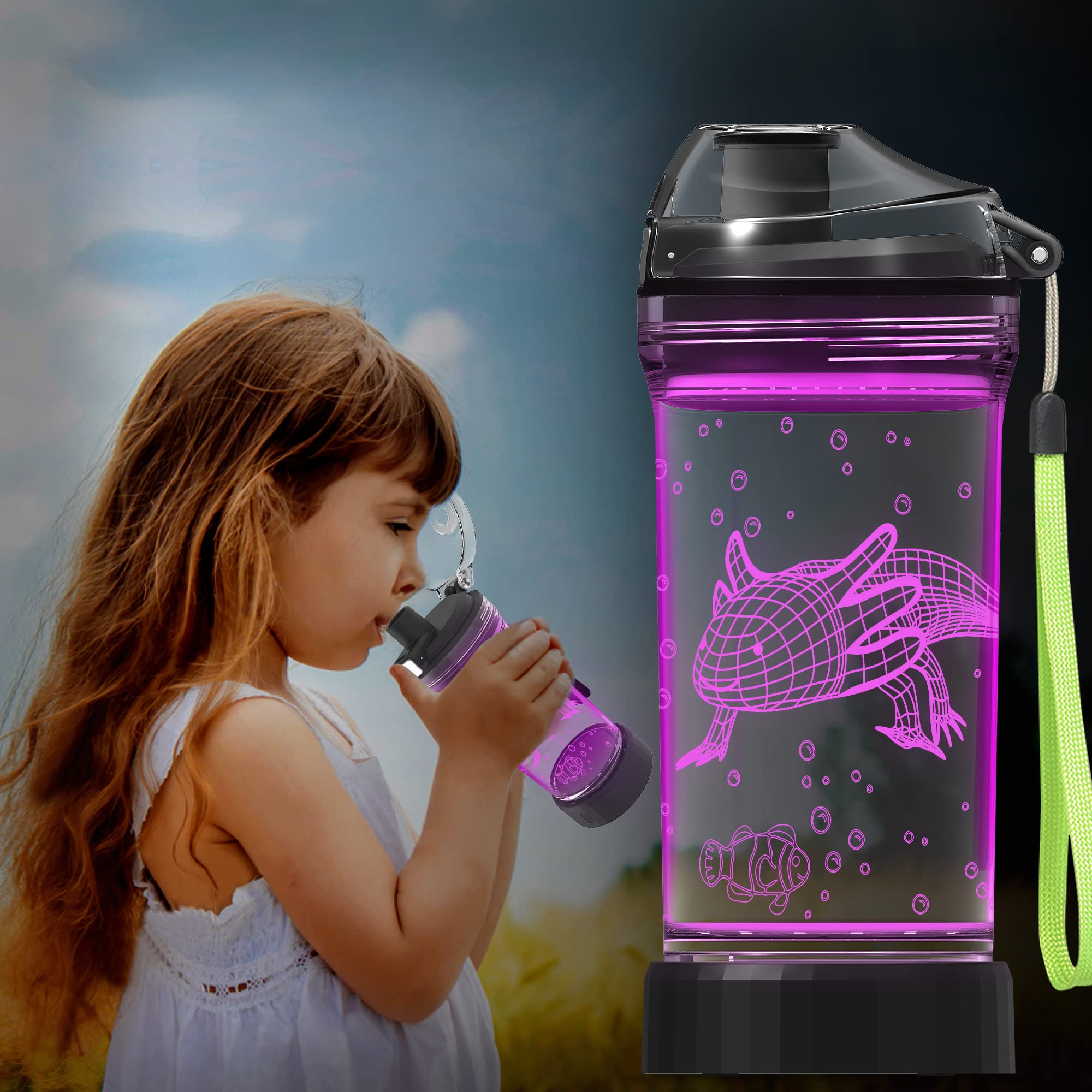 Ammonite Penguin Water Bottle, with 3D Glowing LED Light - 14 OZ Tritan BPA Free - Creative Ideal Travel Cup Gift for School Kid Boy Child Holiday Camping Picnic