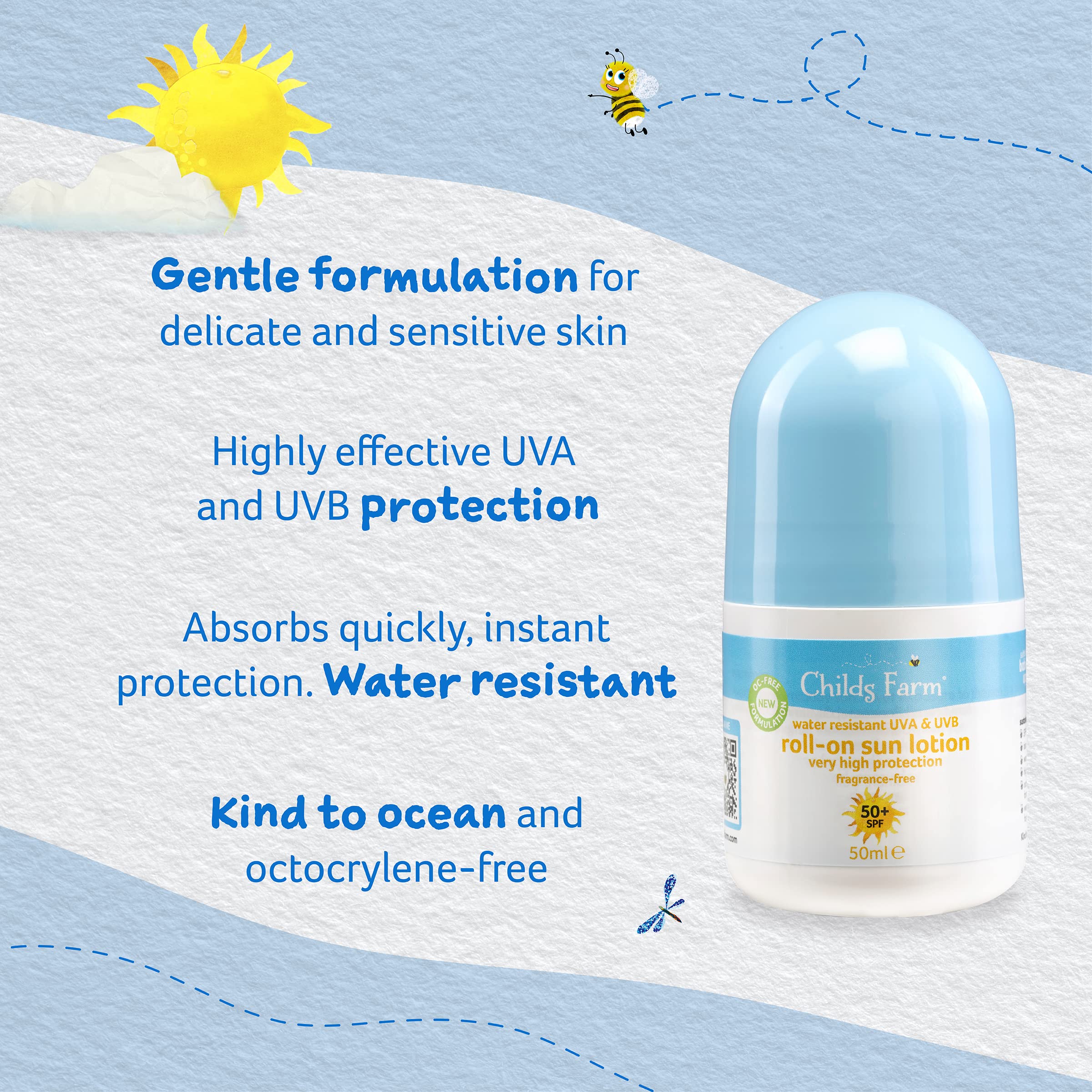 Childs Farm Kids And Baby Sun Lotion Roll-On SPF 50plus Water Resistant UVA And UVB Very High Protection Suitable Dry, Sensitive And Eczema-prone Skin 50ml, White, 1, 85.65 Grams