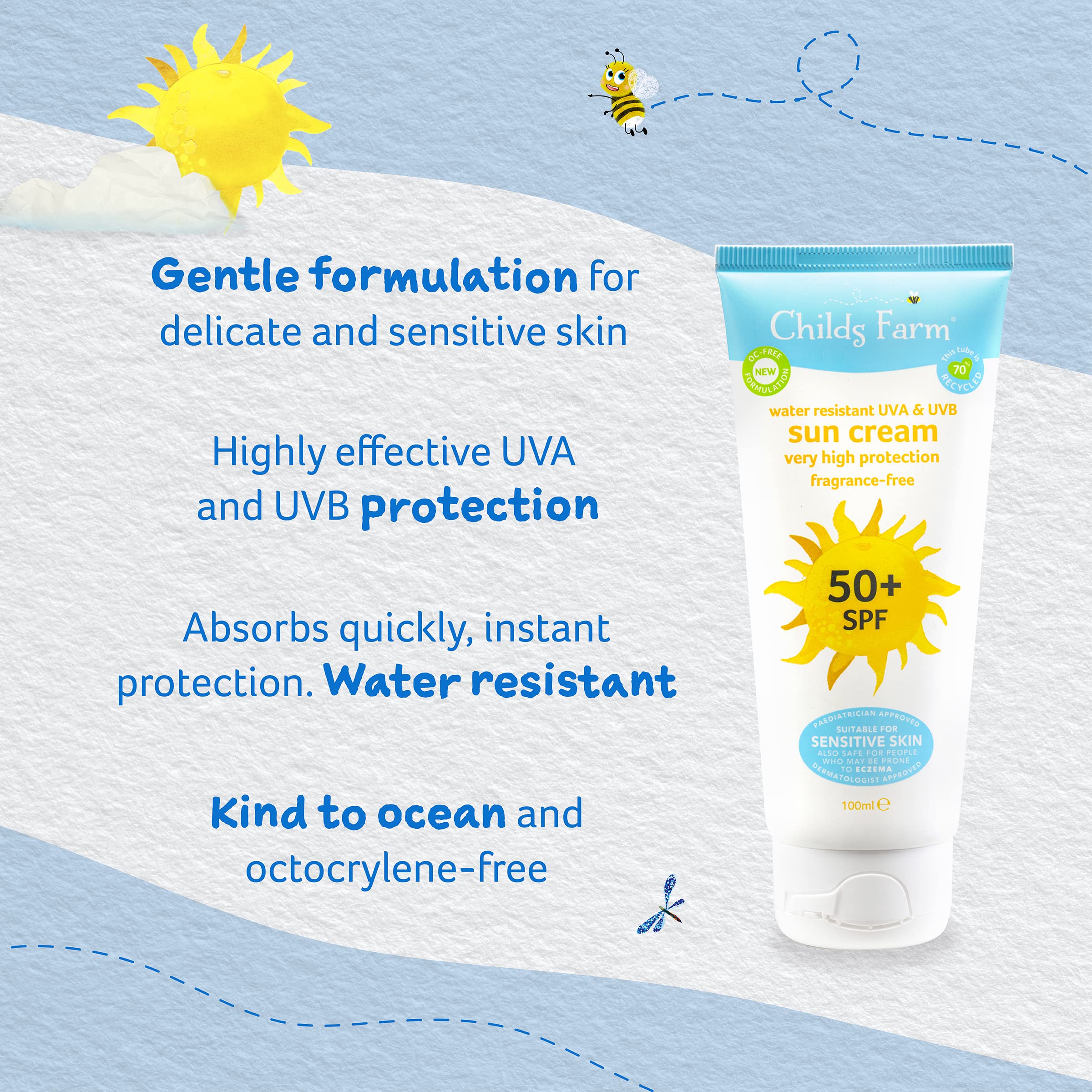 Childs Farm Kids And Baby Sun Lotion Roll-On SPF 50plus Water Resistant UVA And UVB Very High Protection Suitable Dry, Sensitive And Eczema-prone Skin 50ml, White, 1, 85.65 Grams