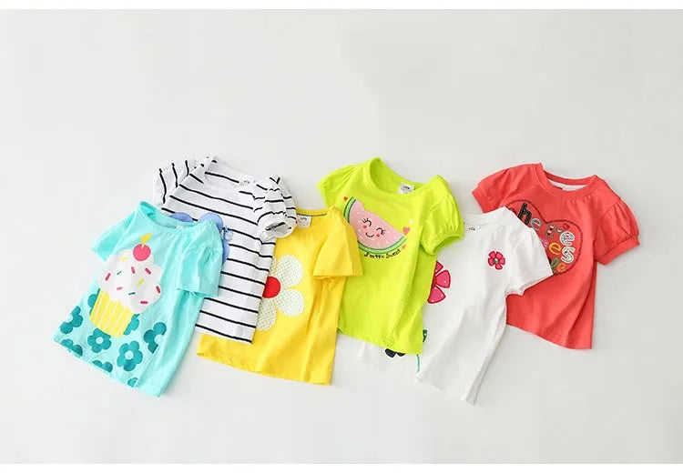 2026 Summer New Arrival 2 3 4 5 6 8 10 Years Kids Children Flower Print Baby Top Basic Cartoon Cotton Girls Short-Sleeve T-Shirt