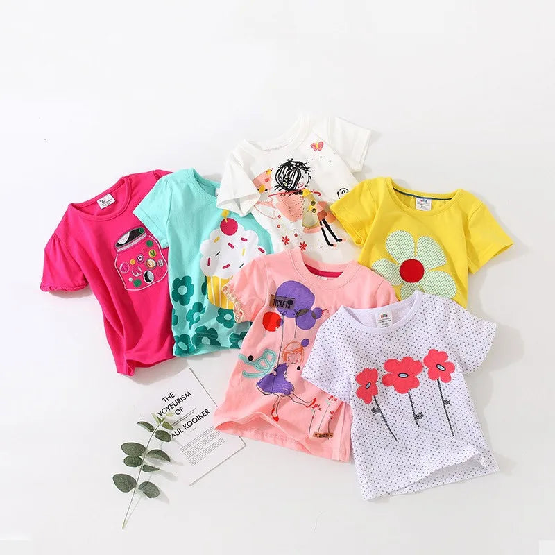 2026 Summer New Arrival 2 3 4 5 6 8 10 Years Kids Children Flower Print Baby Top Basic Cartoon Cotton Girls Short-Sleeve T-Shirt