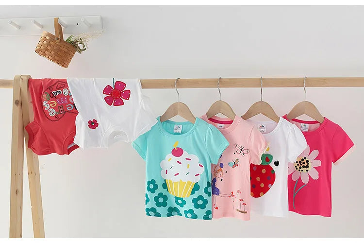2026 Summer New Arrival 2 3 4 5 6 8 10 Years Kids Children Flower Print Baby Top Basic Cartoon Cotton Girls Short-Sleeve T-Shirt