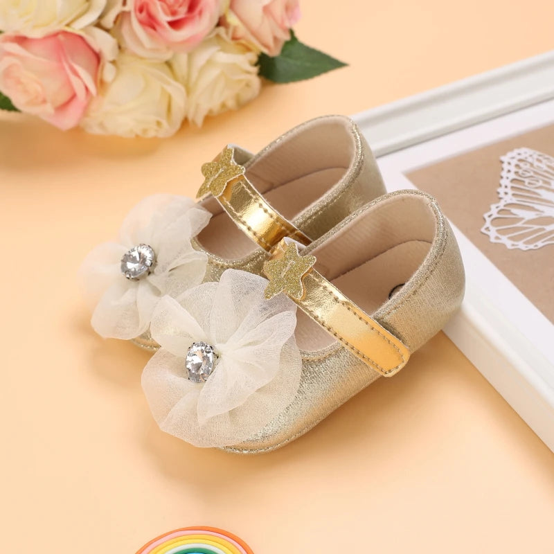 Cute Spring Newborn Golden Baby Shoes Non Slip Cloth Bottom Girl Shoes Elegant Breathable Casual Baby First Walking Shoes 0-18 M