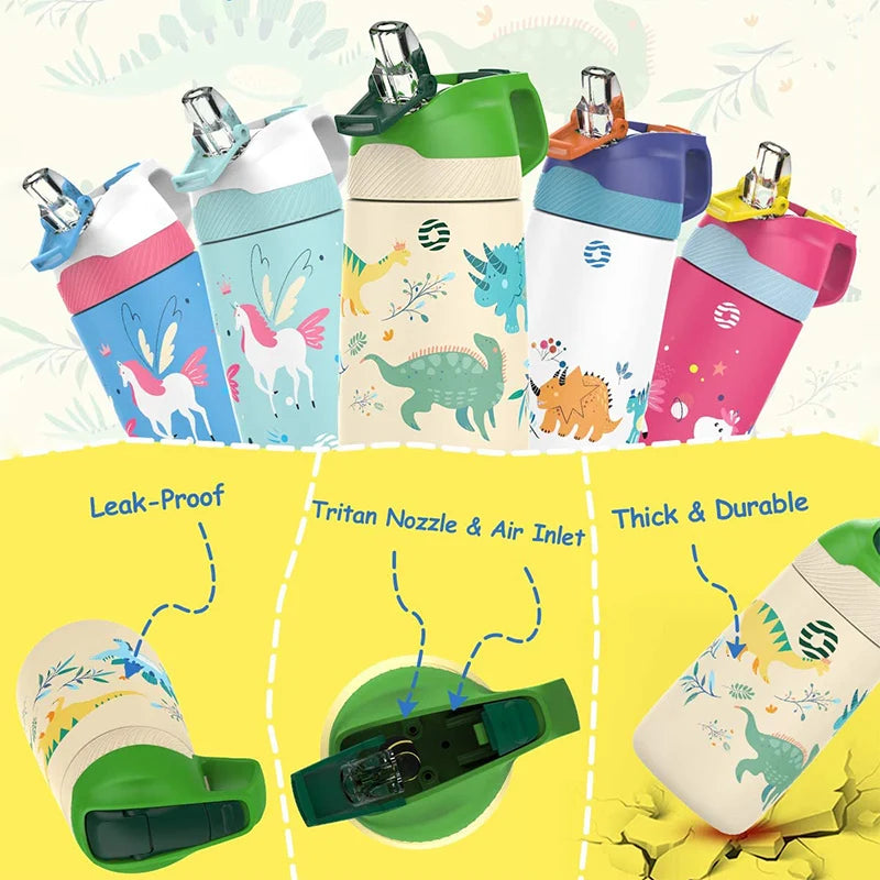 FJbottle Kids Water Bottle,Vacuum Flacks,Thermos With Cute Dinosaur Pattern,Vacuum Bottle With Healthy Straw And BPA Free,350ML - Idrilay 