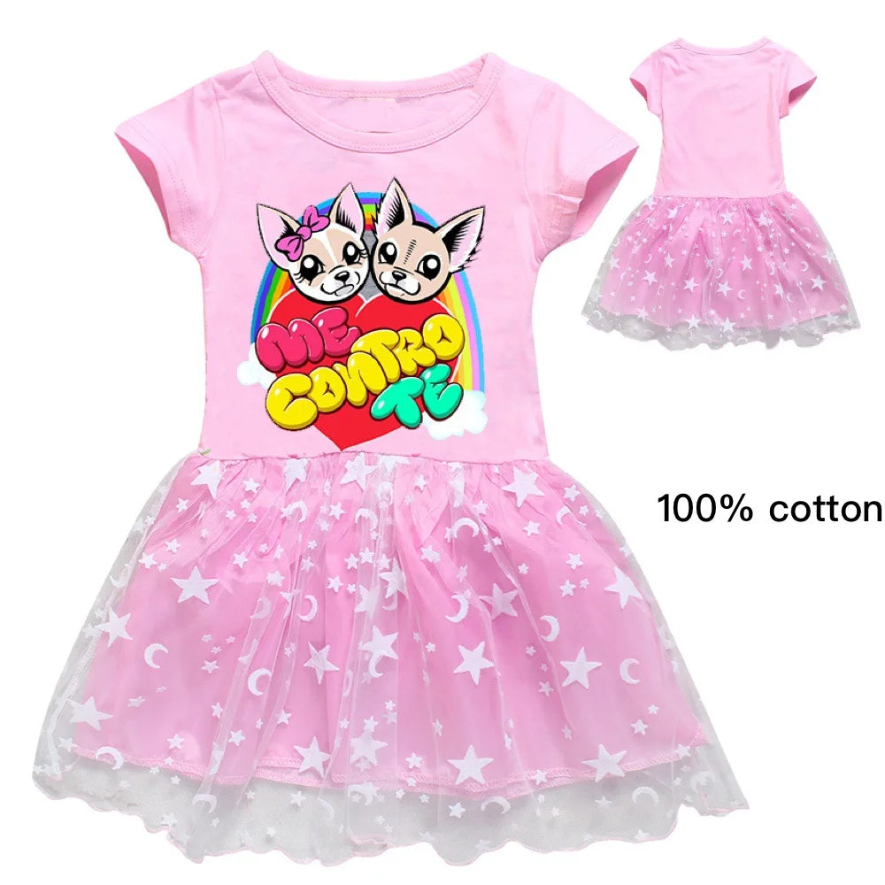 Fashion me contro te Kids Clothes Knee-Length Dresses Cute Cotton Gauze Full Dress Teenagers Cartoon Baby Girls Party Clothing - Idrilay 