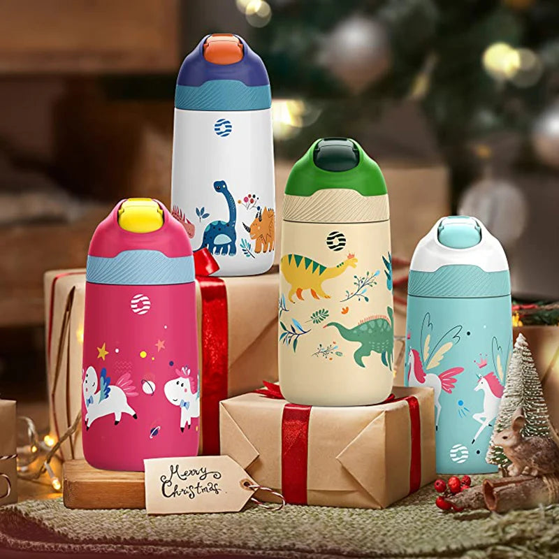 FJbottle Kids Water Bottle,Vacuum Flacks,Thermos With Cute Dinosaur Pattern,Vacuum Bottle With Healthy Straw And BPA Free,350ML - Idrilay 