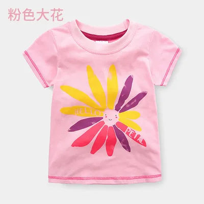 2026 Summer New Arrival 2 3 4 5 6 8 10 Years Kids Children Flower Print Baby Top Basic Cartoon Cotton Girls Short-Sleeve T-Shirt