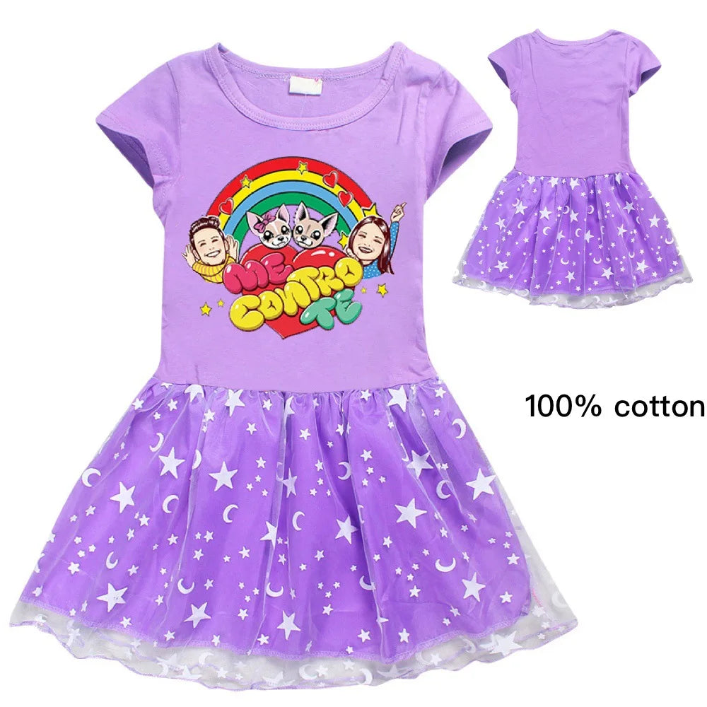 Fashion me contro te Kids Clothes Knee-Length Dresses Cute Cotton Gauze Full Dress Teenagers Cartoon Baby Girls Party Clothing - Idrilay 