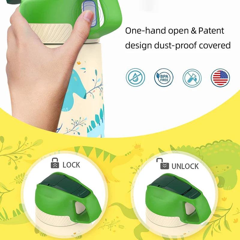 FJbottle Kids Water Bottle,Vacuum Flacks,Thermos With Cute Dinosaur Pattern,Vacuum Bottle With Healthy Straw And BPA Free,350ML - Idrilay 